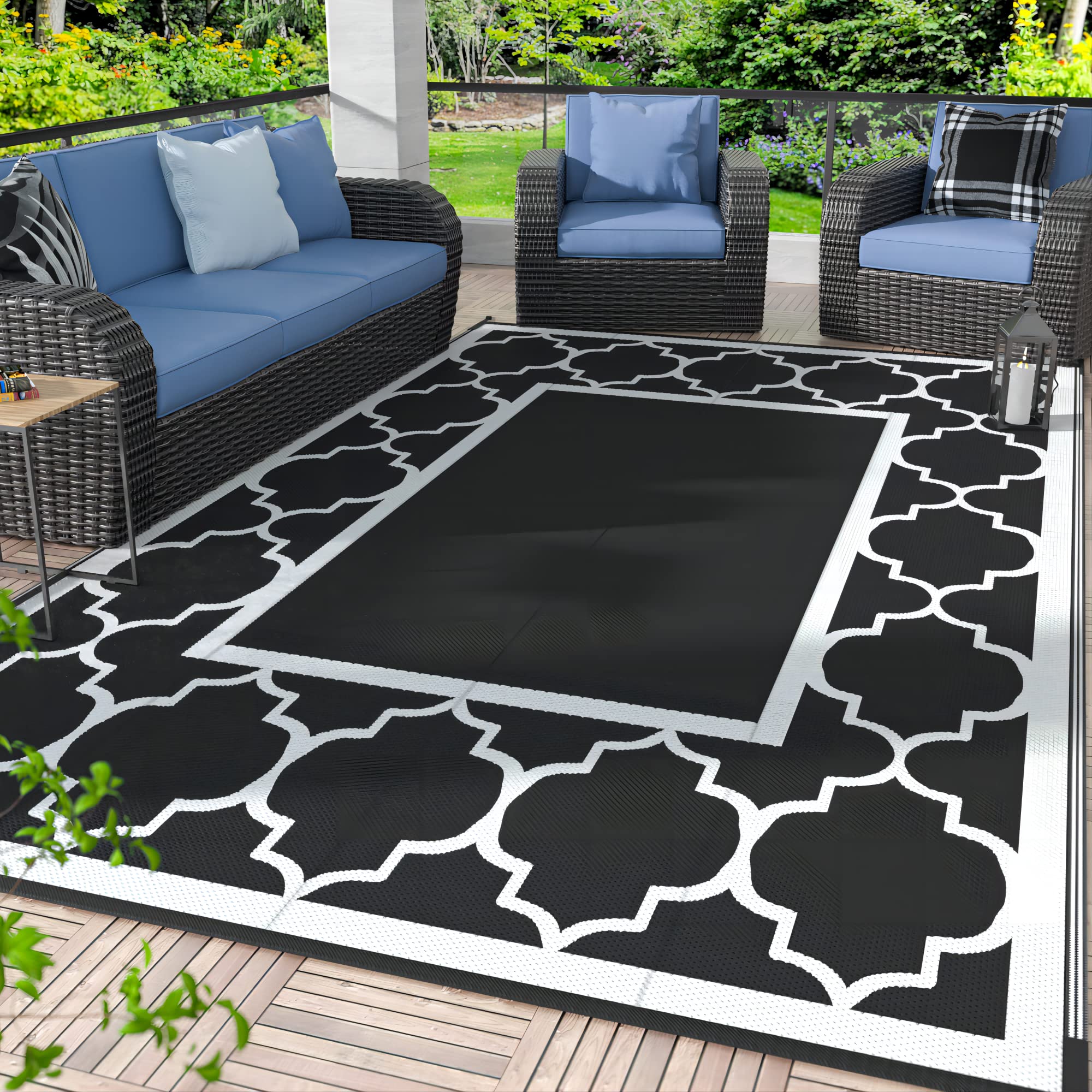 GENIMO 5' x 8' Outdoor Rug Waterproof for Patio Decor, Foldable Reversible Plastic Straw Area Rugs Mat for Camper, Outside Carpet for Rv, Deck, Porch, Picnic, Beach, Balcony, Blue & White