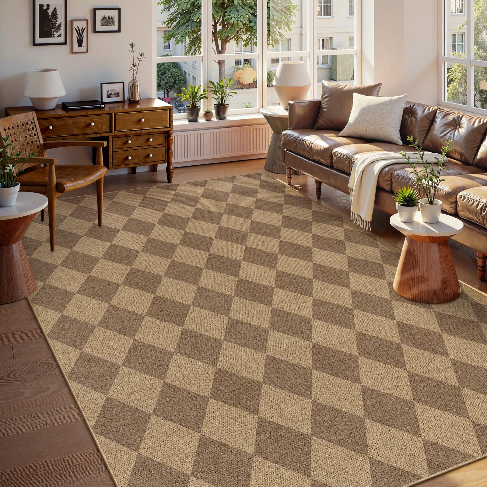 Lahome Colette Checkered Easy Jute 3x5 Outdoor Patio Rug, Washable Rugs for Entryway Diamond Indoor Outdoor Living Room Carpet, Farmhouse Neutral Non Slip Black Door Carpet for Backyard Bedroom