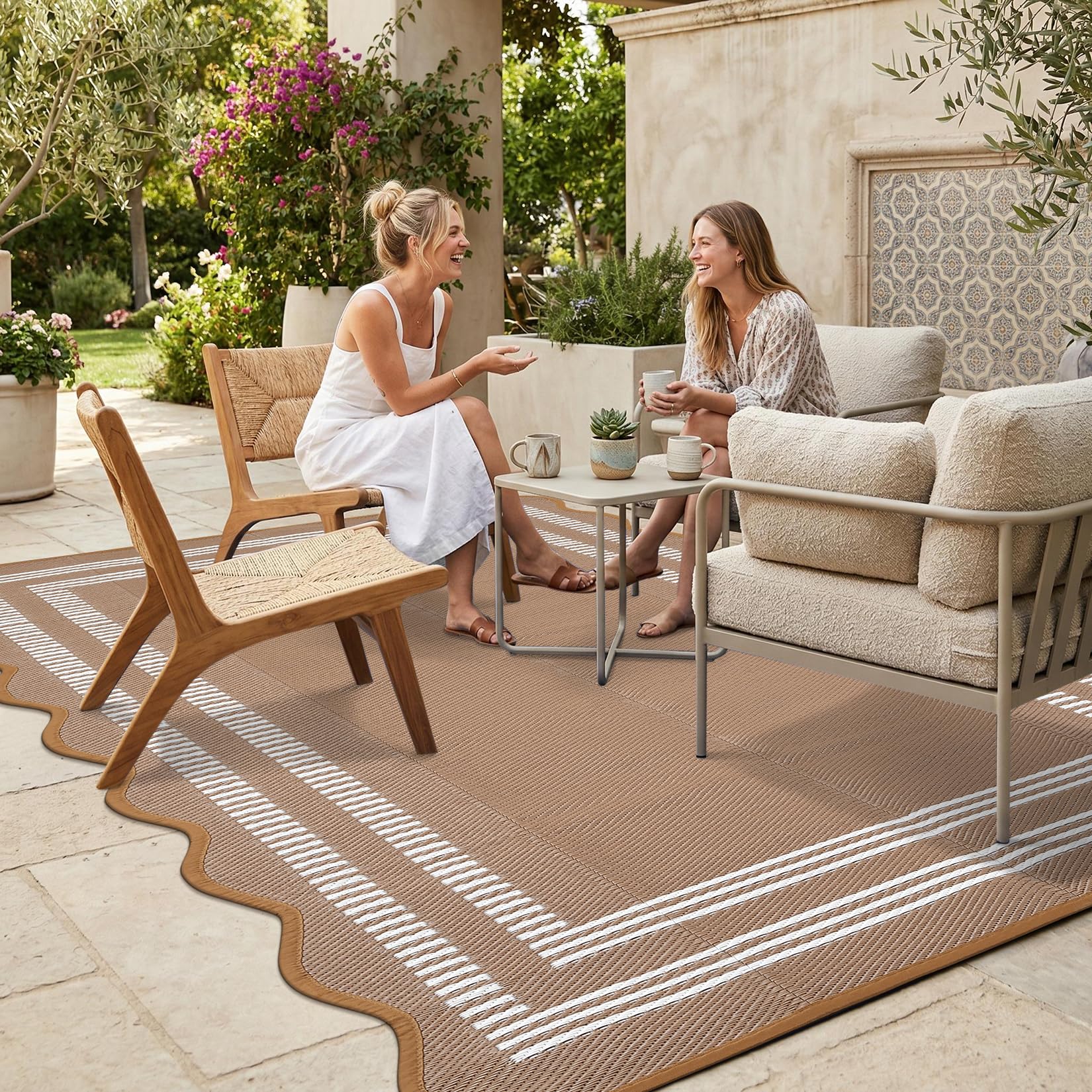 Garvee Waterproof Outdoor Rug 8x10, Scalloped Geometric Foldable Plastic Straw Patio Camping Rug, Outdoor RV Carpet for Deck Camper Porch Balcony Backyard Picnic Beach Black and White