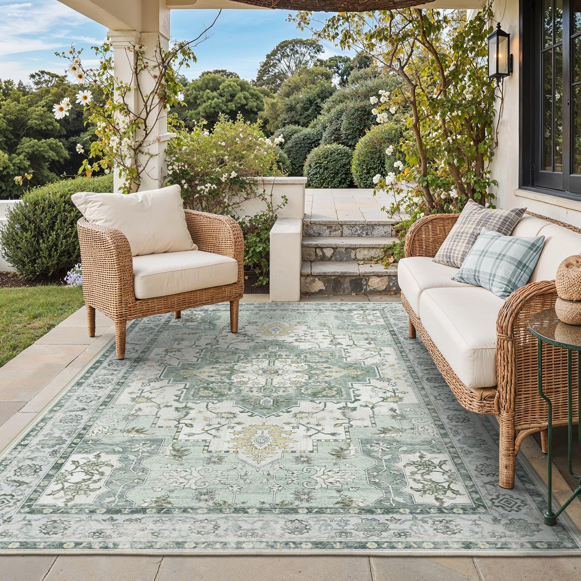 GENIMO Outdoor & Indoor Area Rug 5'x8', Waterproof, Non-Shedding, Easy Cleaning, Boho Mat for Patio, Living Room, Balcony, Dining Room, RV, Deck, Bedroom, Camping, Outside Carpet,Blue