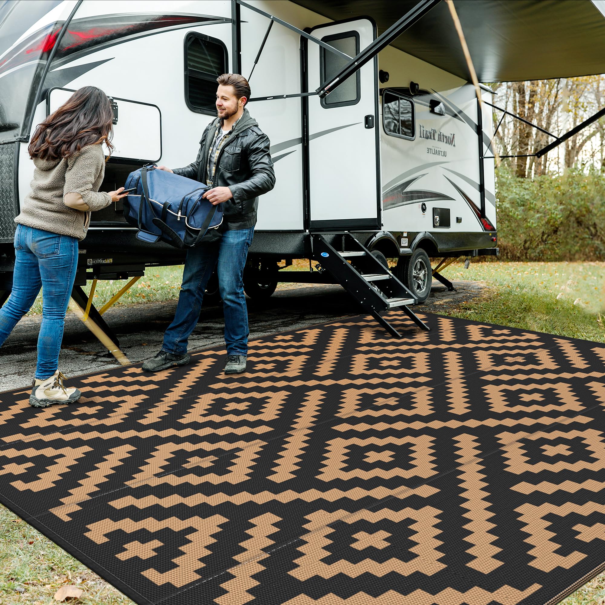 GENIMO 5x8 Outdoor Rug Waterproof, Reversible Mats, Area Rug, Plastic Outside Carpet, Geometric Rv Mat for Patio Camping Rv Picnic Backyard Deck Balcony Porch Beach Trailer (Black & Beige)