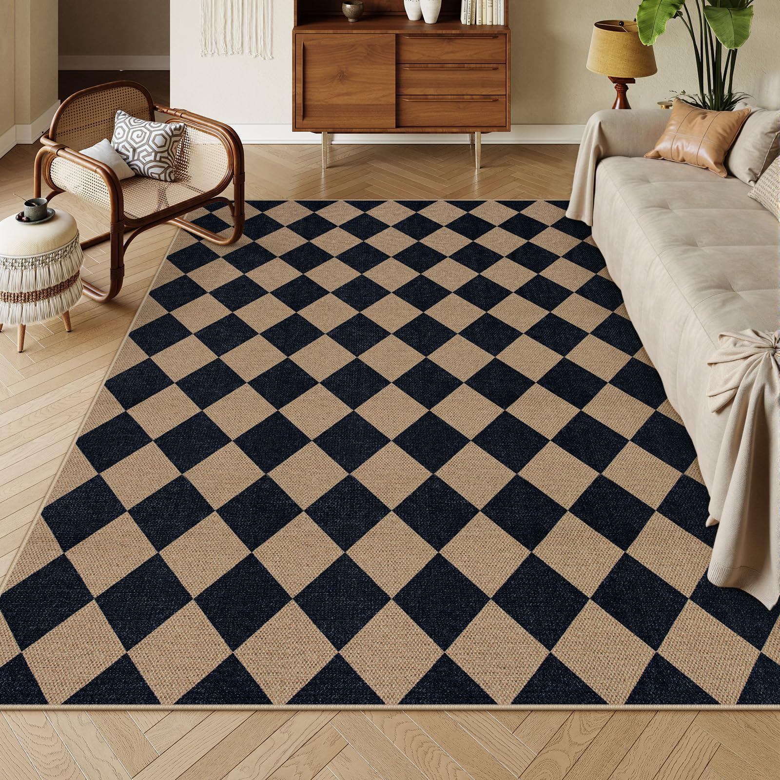 Lahome Colette Checkered Easy Jute 3x5 Outdoor Patio Rug, Washable Rugs for Entryway Diamond Indoor Outdoor Living Room Carpet, Farmhouse Neutral Non Slip Black Door Carpet for Backyard Bedroom