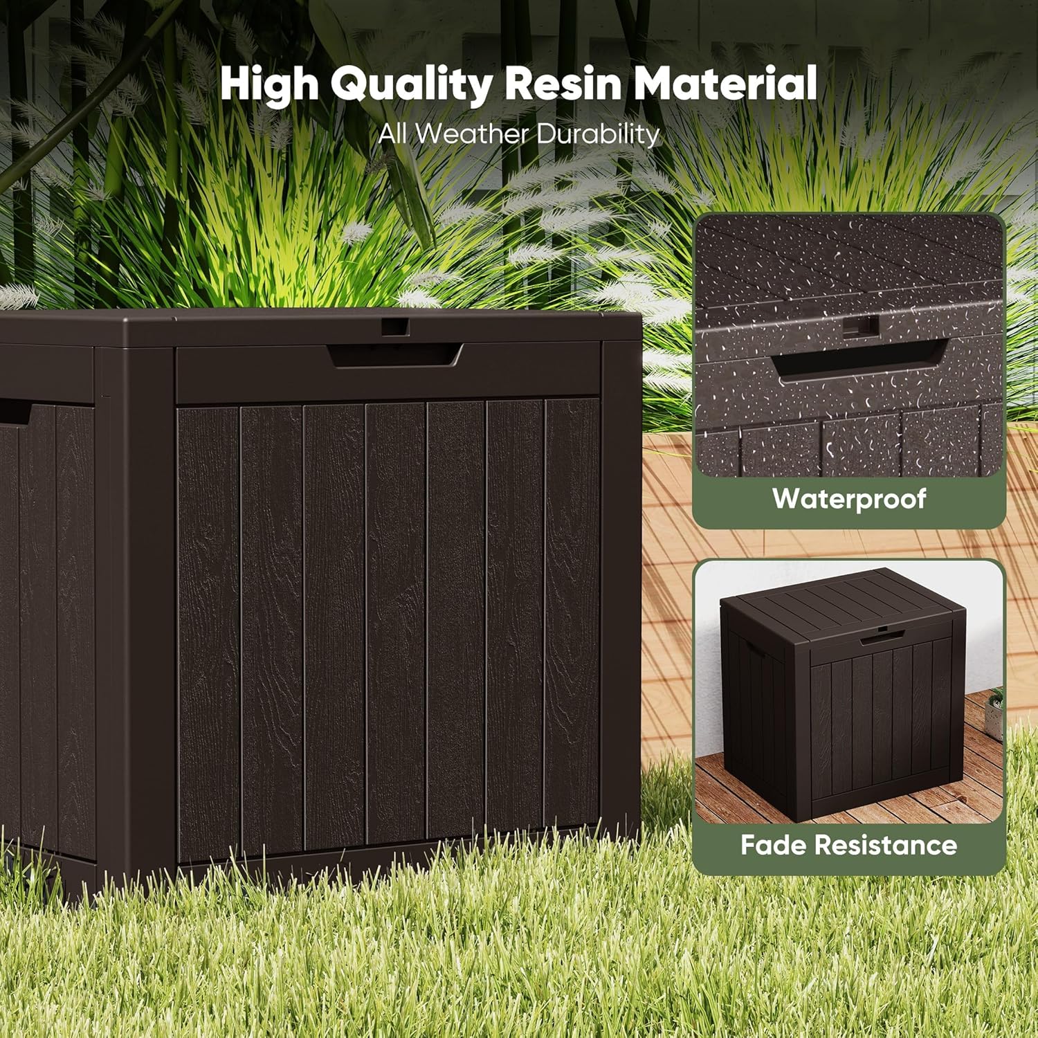 NEWBULIG 31 Gallon Outdoor Storage Box, Waterproof Deck Box with Lockable Lid, Patio Furniture Bench & Side Table, Easy Assembly, for Garden, Pool, Patio & Backyard Organization, Brown