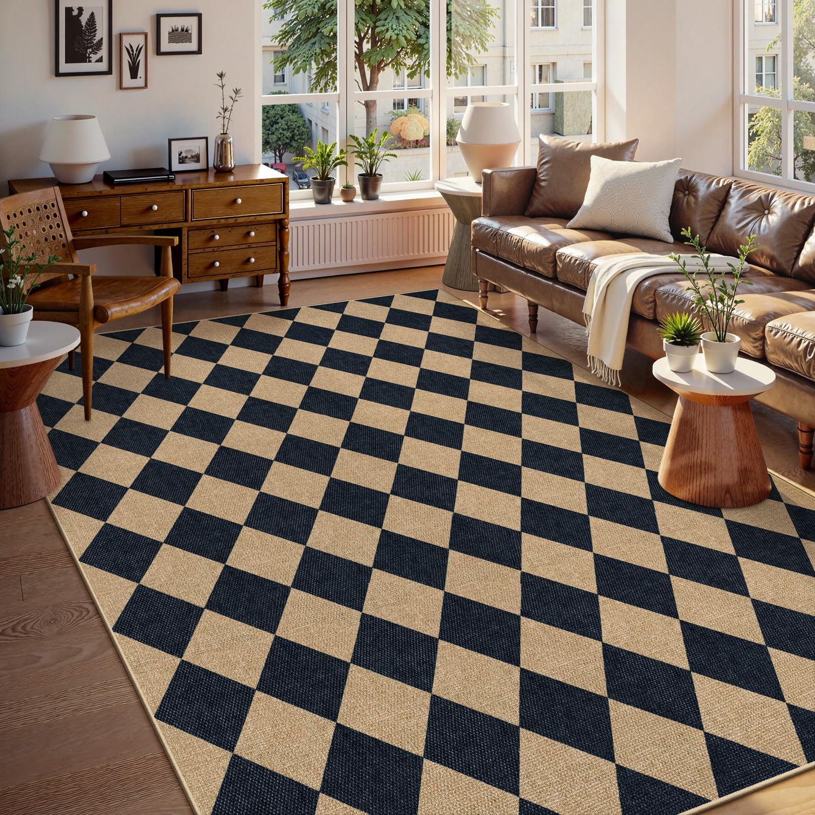 Lahome Colette Checkered Easy Jute 3x5 Outdoor Patio Rug, Washable Rugs for Entryway Diamond Indoor Outdoor Living Room Carpet, Farmhouse Neutral Non Slip Black Door Carpet for Backyard Bedroom