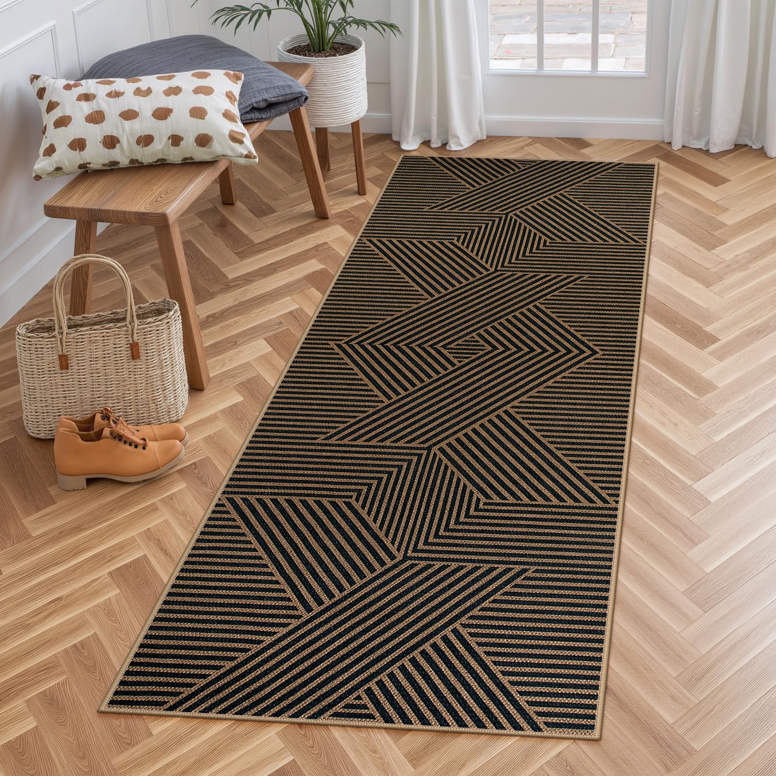Lahome Enfys Modern Rainbow Easy Jute Outdoor Patio Rug, 3x5 Black Washable Rugs for Entryway Office Farmhouse Classroom Carpet, Contemporary Non Slip Front Door Mat for Porch Guestroom Room Decor