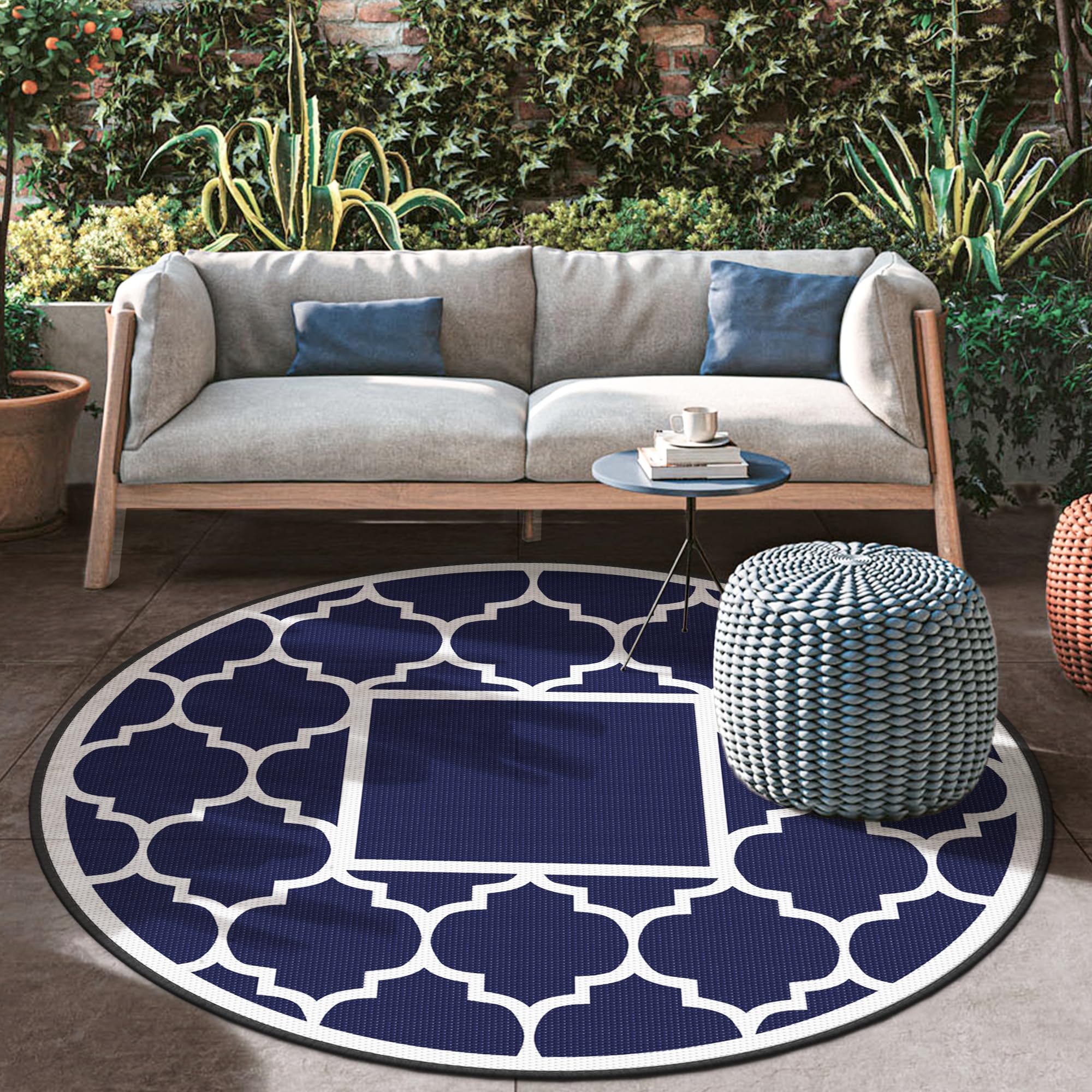 GENIMO 5' x 8' Outdoor Rug Waterproof for Patio Decor, Foldable Reversible Plastic Straw Area Rugs Mat for Camper, Outside Carpet for Rv, Deck, Porch, Picnic, Beach, Balcony, Blue & White