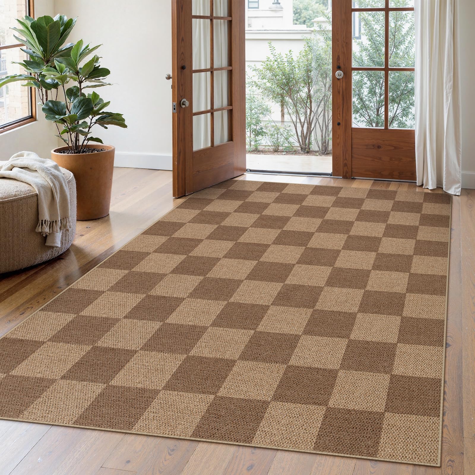 Lahome Colette Checkered Easy Jute 3x5 Outdoor Patio Rug, Washable Rugs for Entryway Diamond Indoor Outdoor Living Room Carpet, Farmhouse Neutral Non Slip Black Door Carpet for Backyard Bedroom