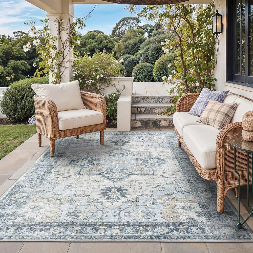 GENIMO Outdoor & Indoor Area Rug 5'x8', Waterproof, Non-Shedding, Easy Cleaning, Boho Mat for Patio, Living Room, Balcony, Dining Room, RV, Deck, Bedroom, Camping, Outside Carpet,Blue