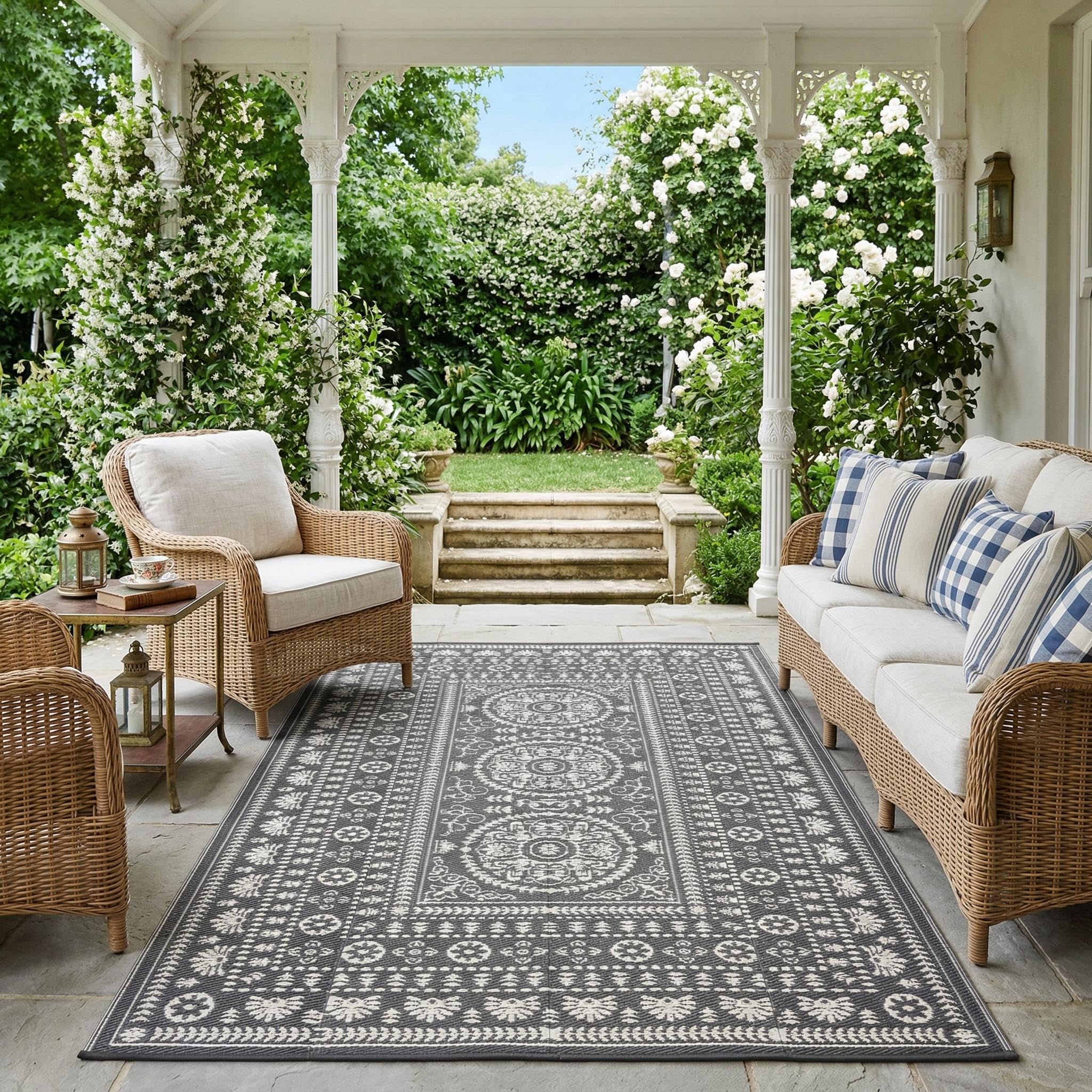 Garvee Reversible Outdoor Rug 8x10 for Patio, Waterproof Outdoor Area Rug, Modern Medallion Indoor Outdoor Rugs, Plastic Straw Rug for RV, Camping, Deck, Vintage Terracotta