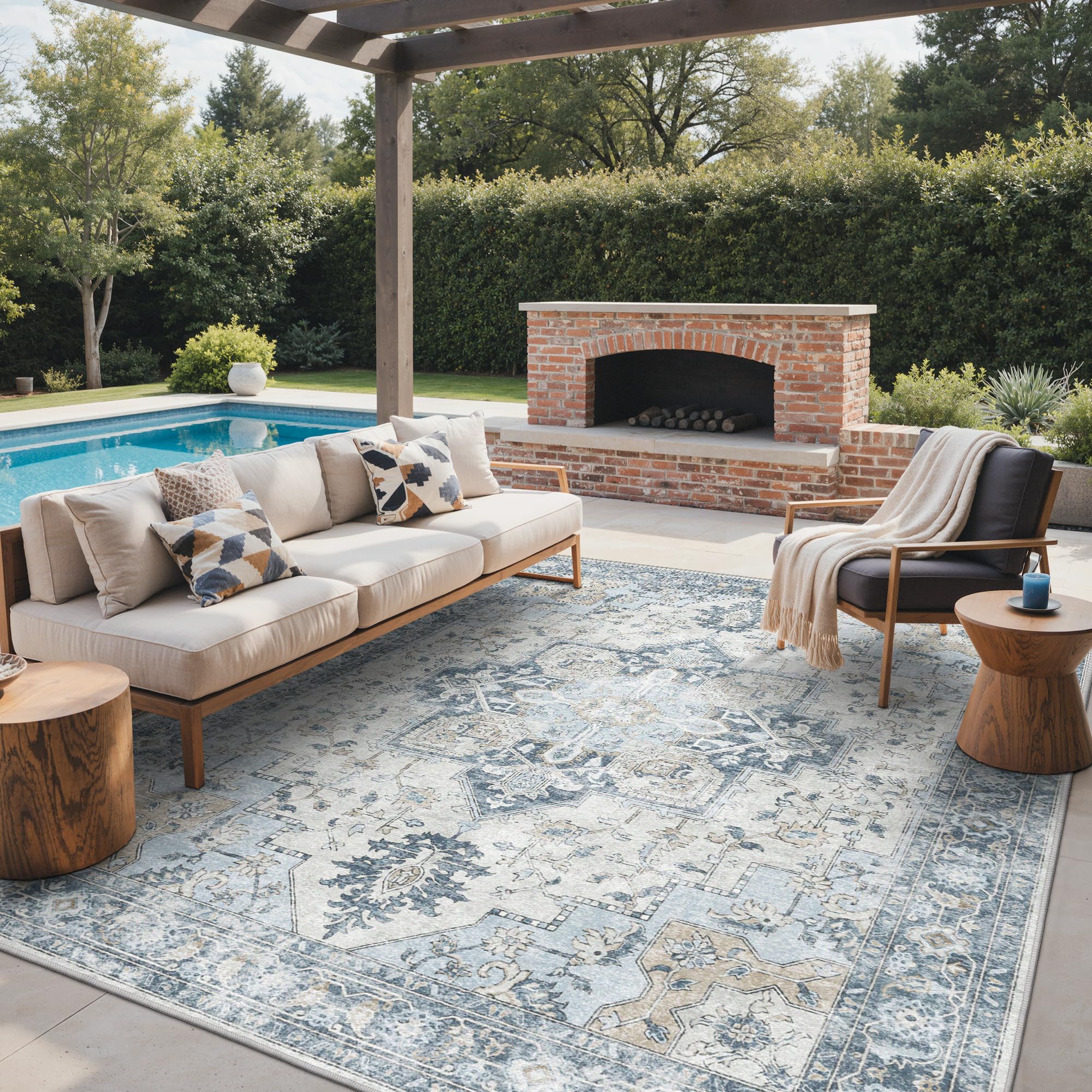 GENIMO Outdoor & Indoor Area Rug 5'x8', Waterproof, Non-Shedding, Easy Cleaning, Boho Mat for Patio, Living Room, Balcony, Dining Room, RV, Deck, Bedroom, Camping, Outside Carpet,Blue