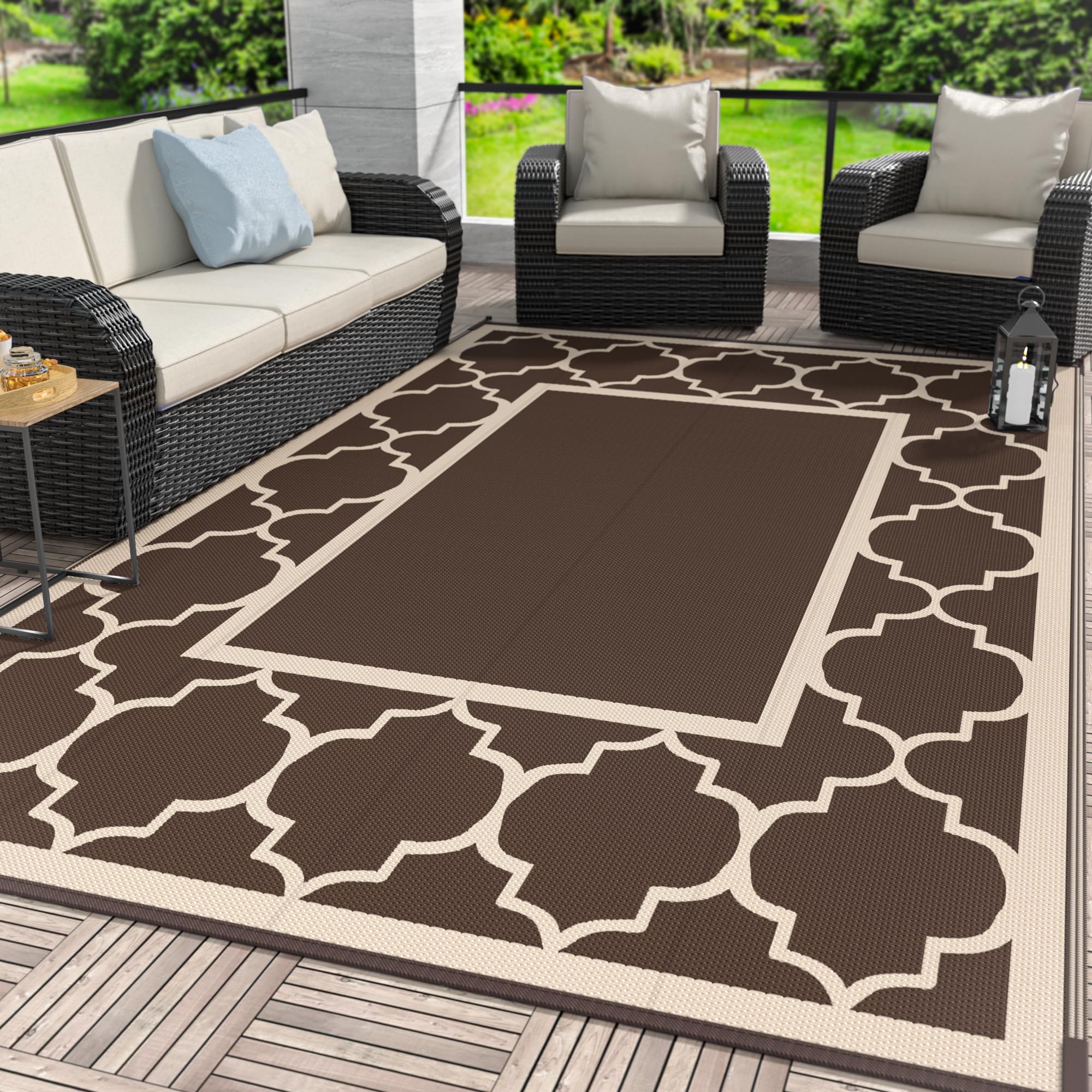 GENIMO 5' x 8' Outdoor Rug Waterproof for Patio Decor, Foldable Reversible Plastic Straw Area Rugs Mat for Camper, Outside Carpet for Rv, Deck, Porch, Picnic, Beach, Balcony, Blue & White