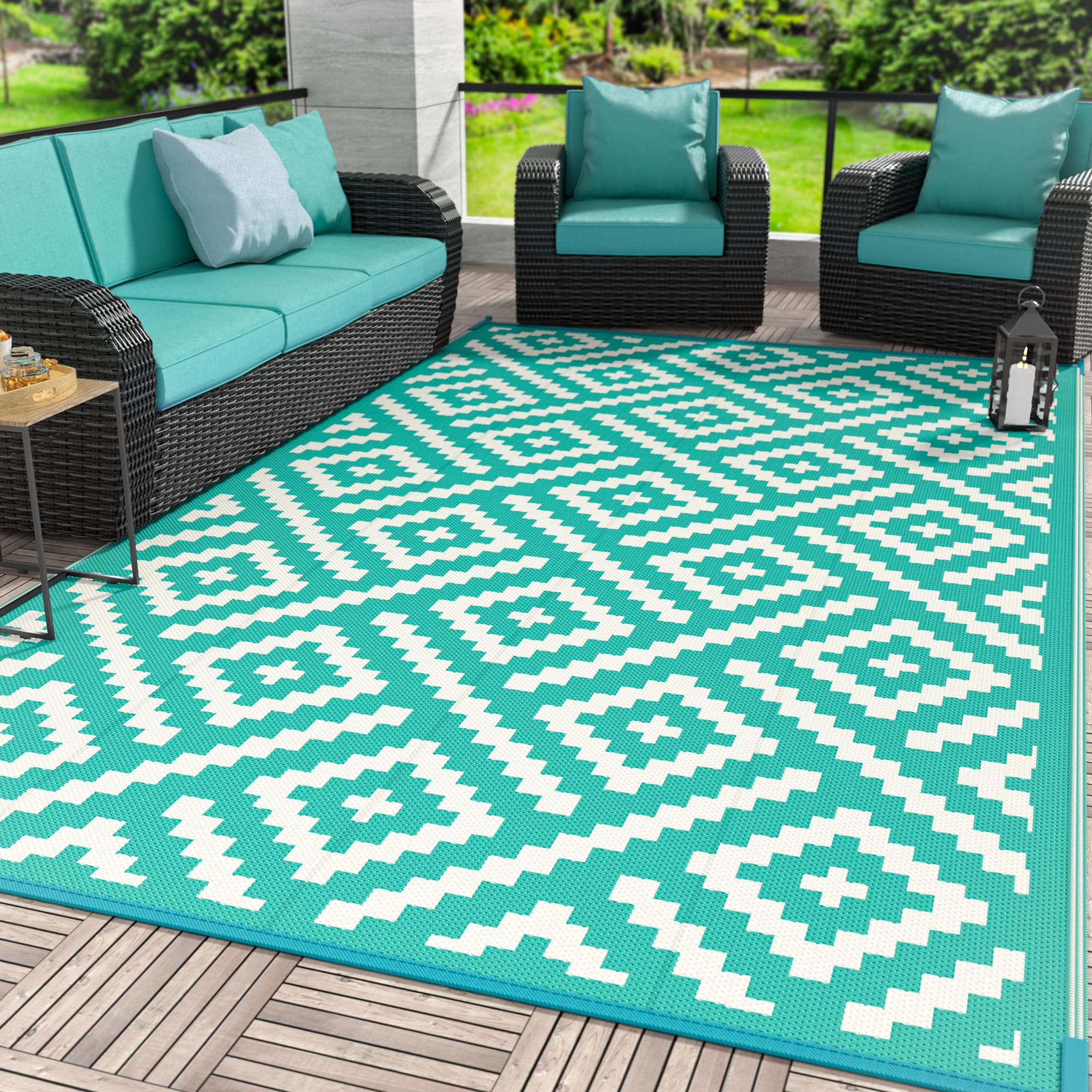 GENIMO 5x8 Outdoor Rug Waterproof, Reversible Mats, Area Rug, Plastic Outside Carpet, Geometric Rv Mat for Patio Camping Rv Picnic Backyard Deck Balcony Porch Beach Trailer (Black & Beige)