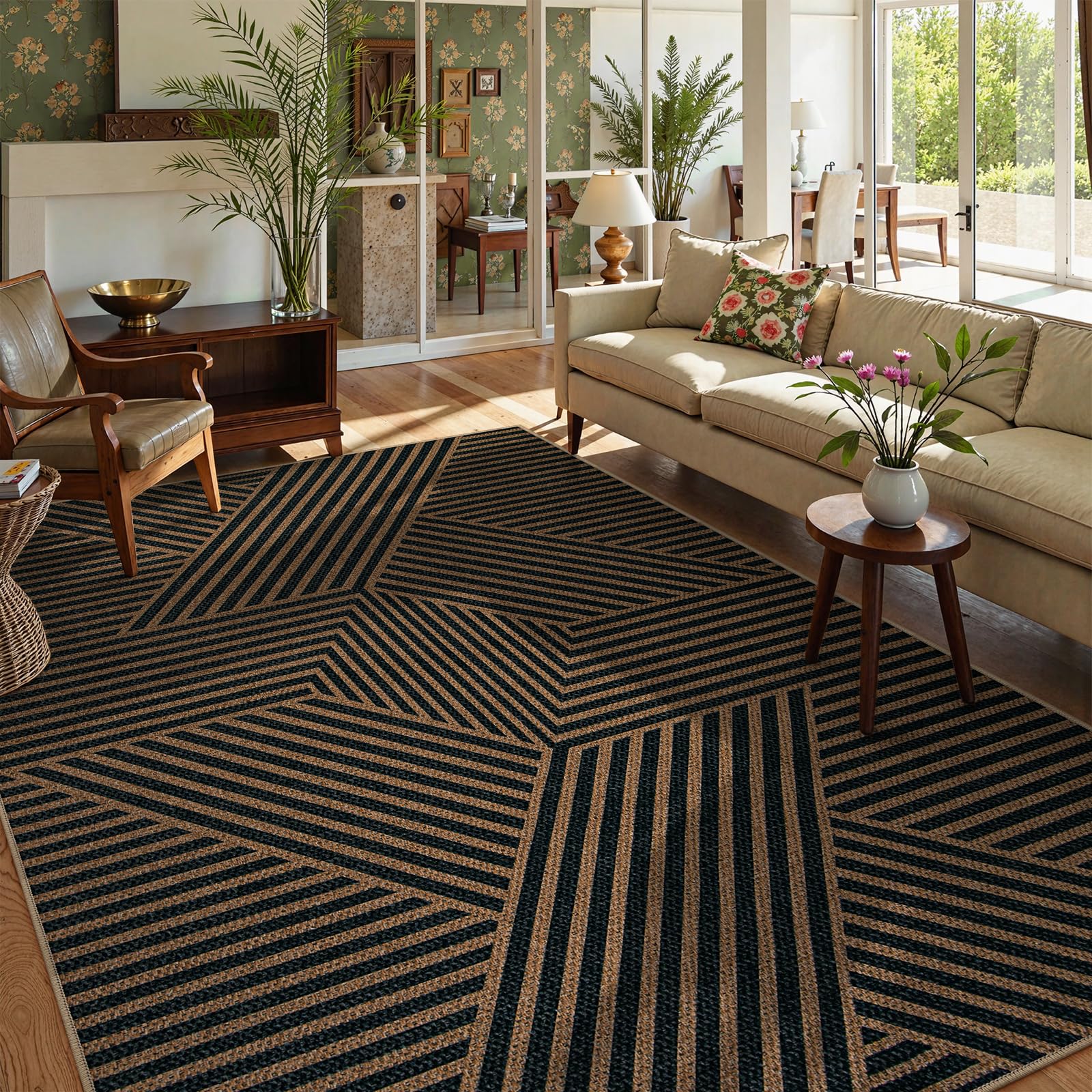 Lahome Enfys Modern Rainbow Easy Jute Outdoor Patio Rug, 3x5 Black Washable Rugs for Entryway Office Farmhouse Classroom Carpet, Contemporary Non Slip Front Door Mat for Porch Guestroom Room Decor