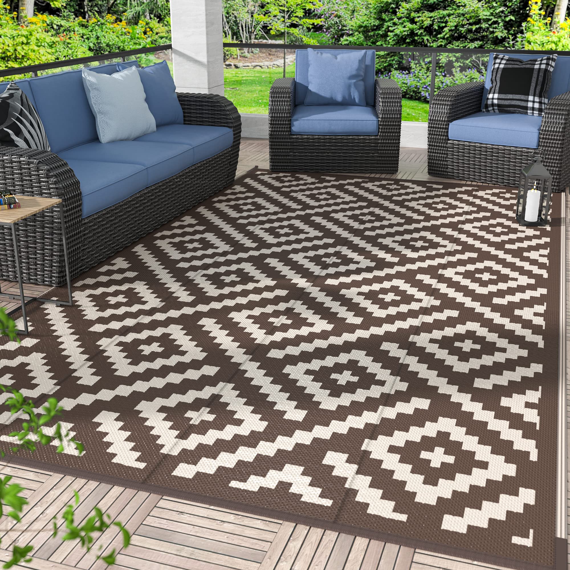 GENIMO 5x8 Outdoor Rug Waterproof, Reversible Mats, Area Rug, Plastic Outside Carpet, Geometric Rv Mat for Patio Camping Rv Picnic Backyard Deck Balcony Porch Beach Trailer (Black & Beige)
