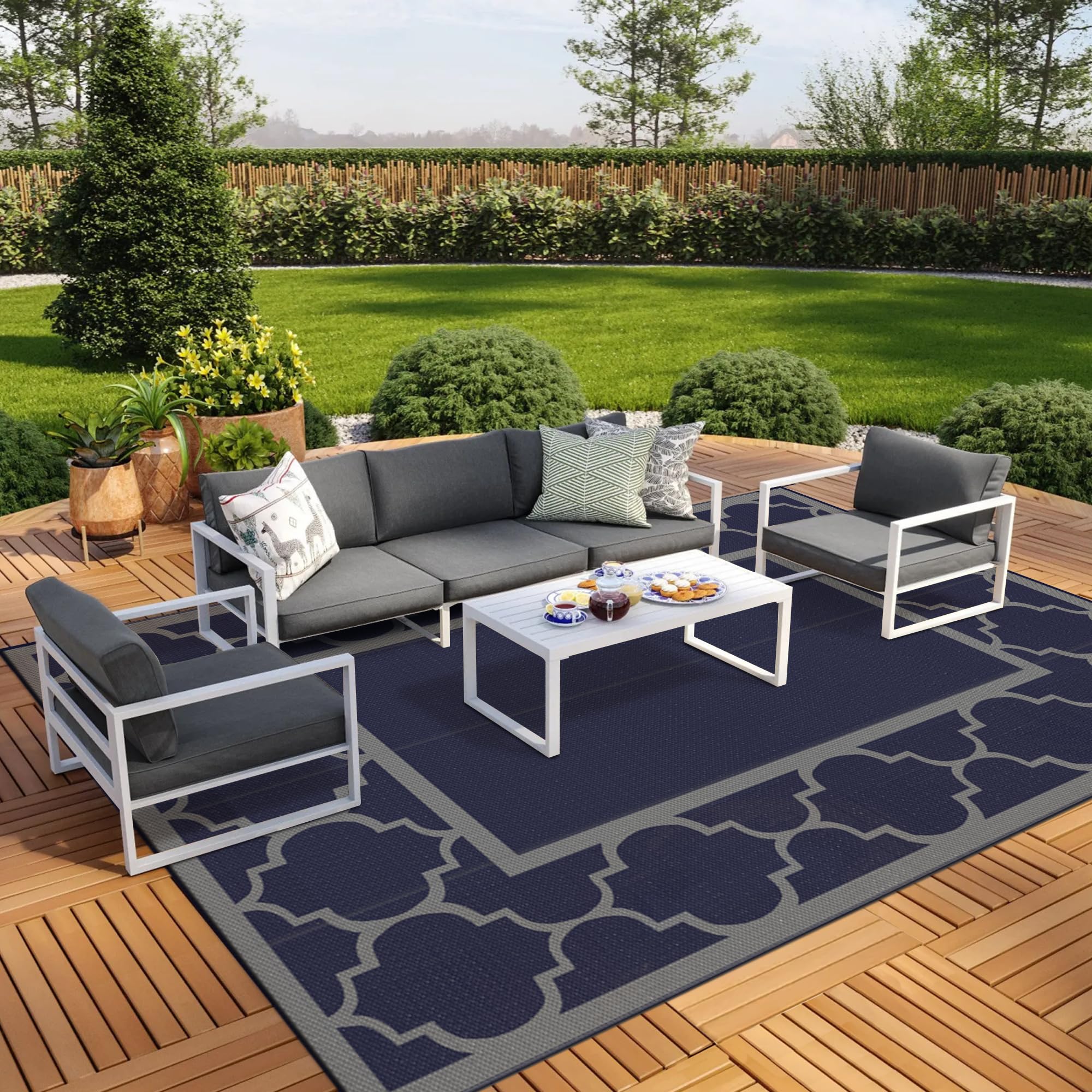 GENIMO 5' x 8' Outdoor Rug Waterproof for Patio Decor, Foldable Reversible Plastic Straw Area Rugs Mat for Camper, Outside Carpet for Rv, Deck, Porch, Picnic, Beach, Balcony, Blue & White