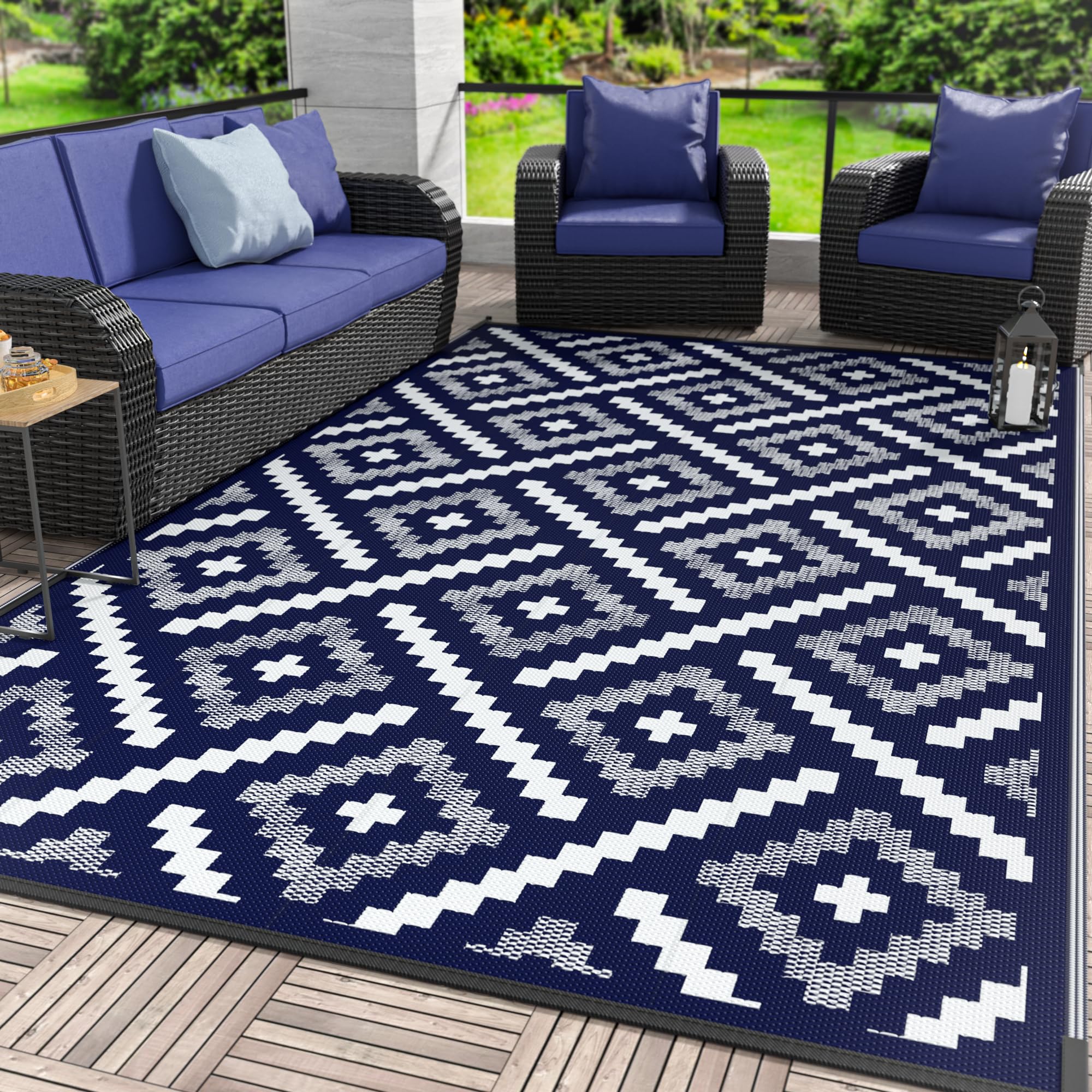 GENIMO 5x8 Outdoor Rug Waterproof, Reversible Mats, Area Rug, Plastic Outside Carpet, Geometric Rv Mat for Patio Camping Rv Picnic Backyard Deck Balcony Porch Beach Trailer (Black & Beige)