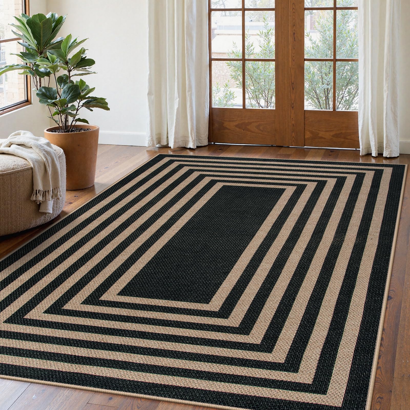 Lahome Enfys Modern Rainbow Easy Jute Outdoor Patio Rug, 3x5 Black Washable Rugs for Entryway Office Farmhouse Classroom Carpet, Contemporary Non Slip Front Door Mat for Porch Guestroom Room Decor
