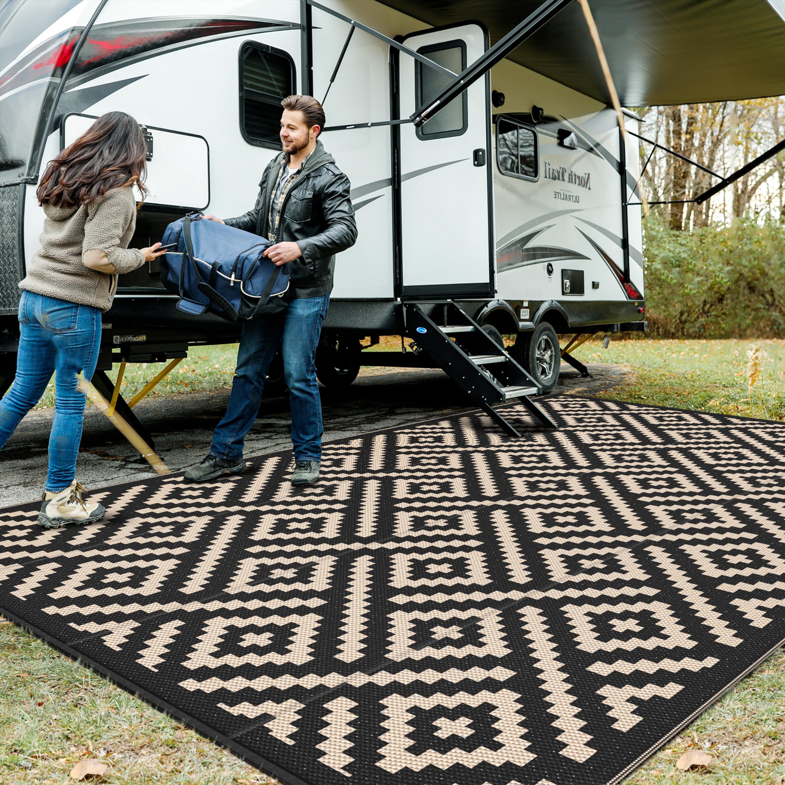 GENIMO 5x8 Outdoor Rug Waterproof, Reversible Mats, Area Rug, Plastic Outside Carpet, Geometric Rv Mat for Patio Camping Rv Picnic Backyard Deck Balcony Porch Beach Trailer (Black & Beige)