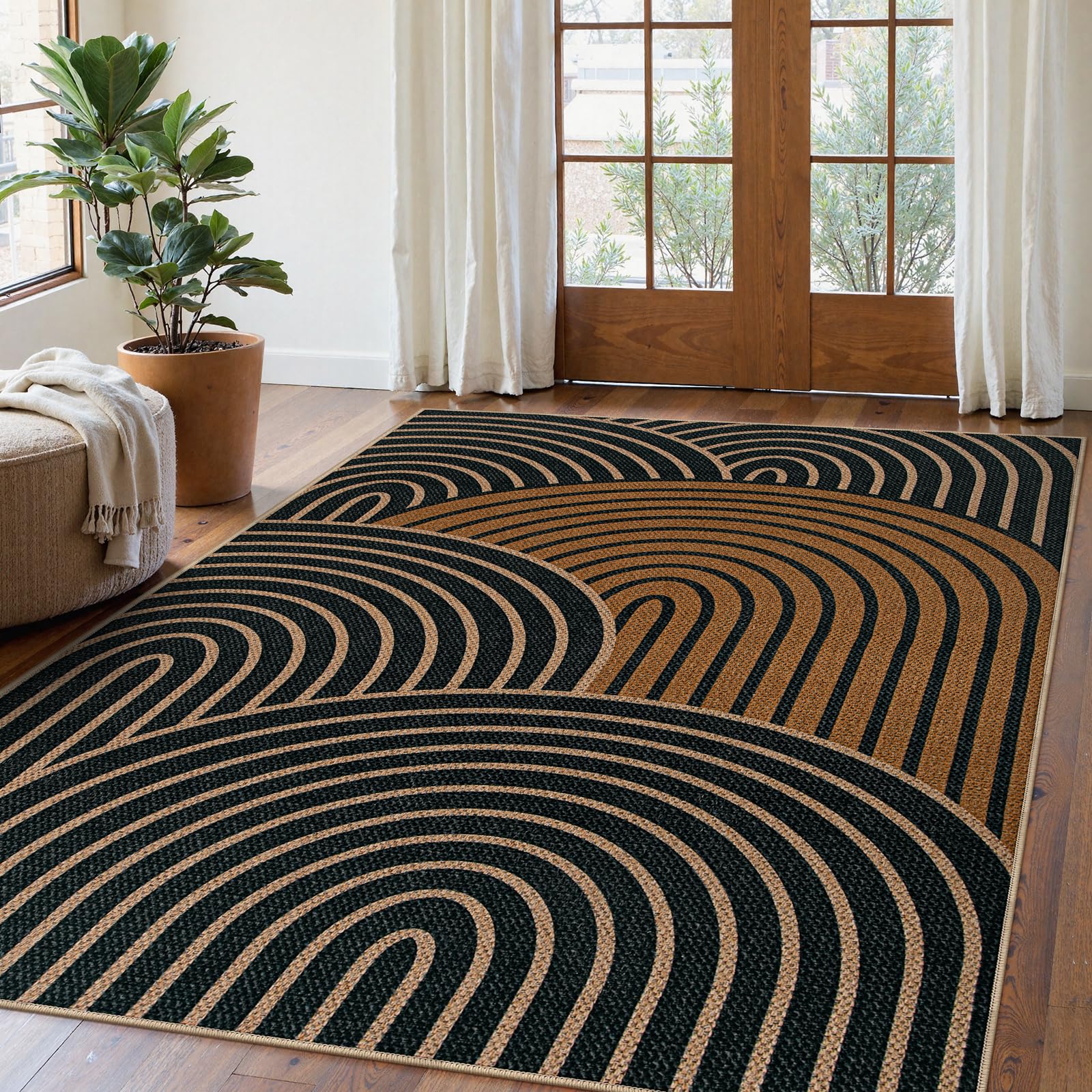 Lahome Enfys Modern Rainbow Easy Jute Outdoor Patio Rug, 3x5 Black Washable Rugs for Entryway Office Farmhouse Classroom Carpet, Contemporary Non Slip Front Door Mat for Porch Guestroom Room Decor