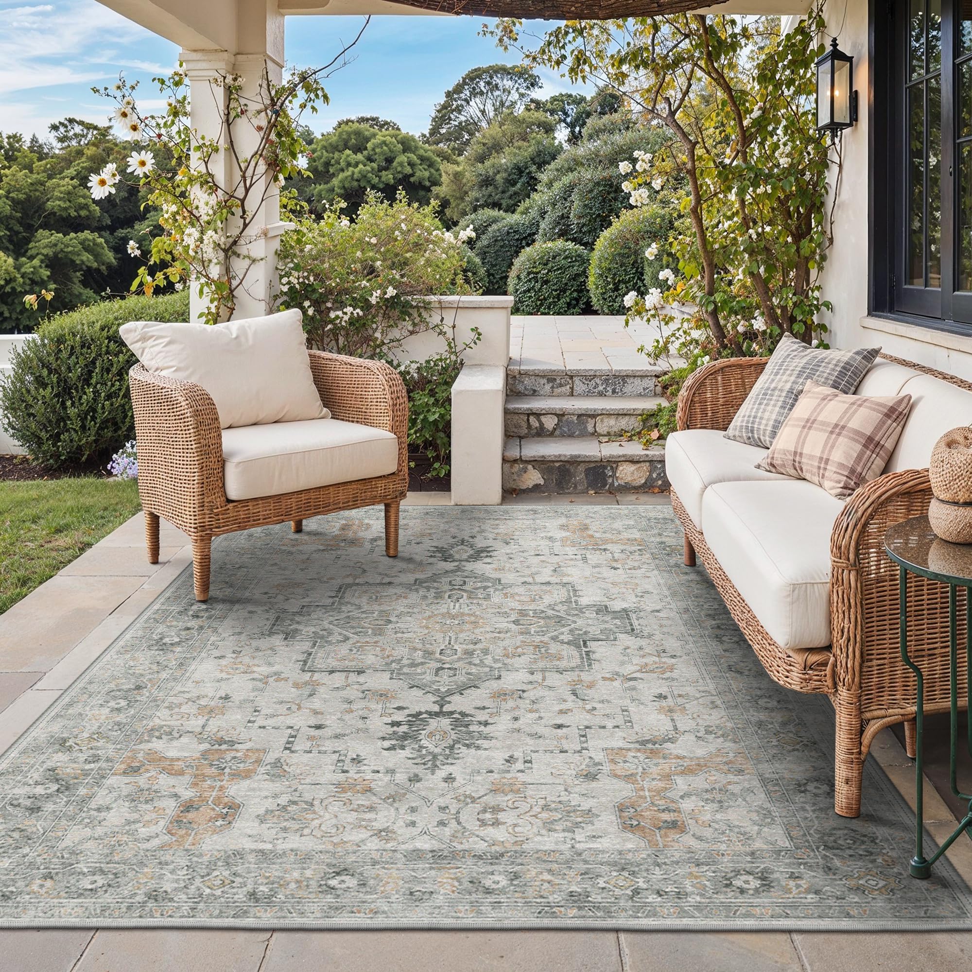 GENIMO Outdoor & Indoor Area Rug 5'x8', Waterproof, Non-Shedding, Easy Cleaning, Boho Mat for Patio, Living Room, Balcony, Dining Room, RV, Deck, Bedroom, Camping, Outside Carpet,Blue