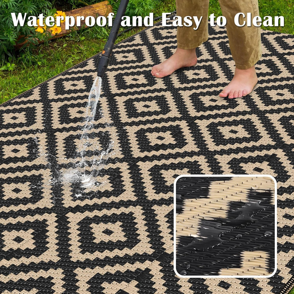 Mattitude Waterproof Outdoor Rug 5x8 Ft Outdoor Plastic Straw Rug Reversible Patio Rug Large Outdoor Carpet Area Rug for Patio Backyard Picnic Beach Camping RV Black & Beige