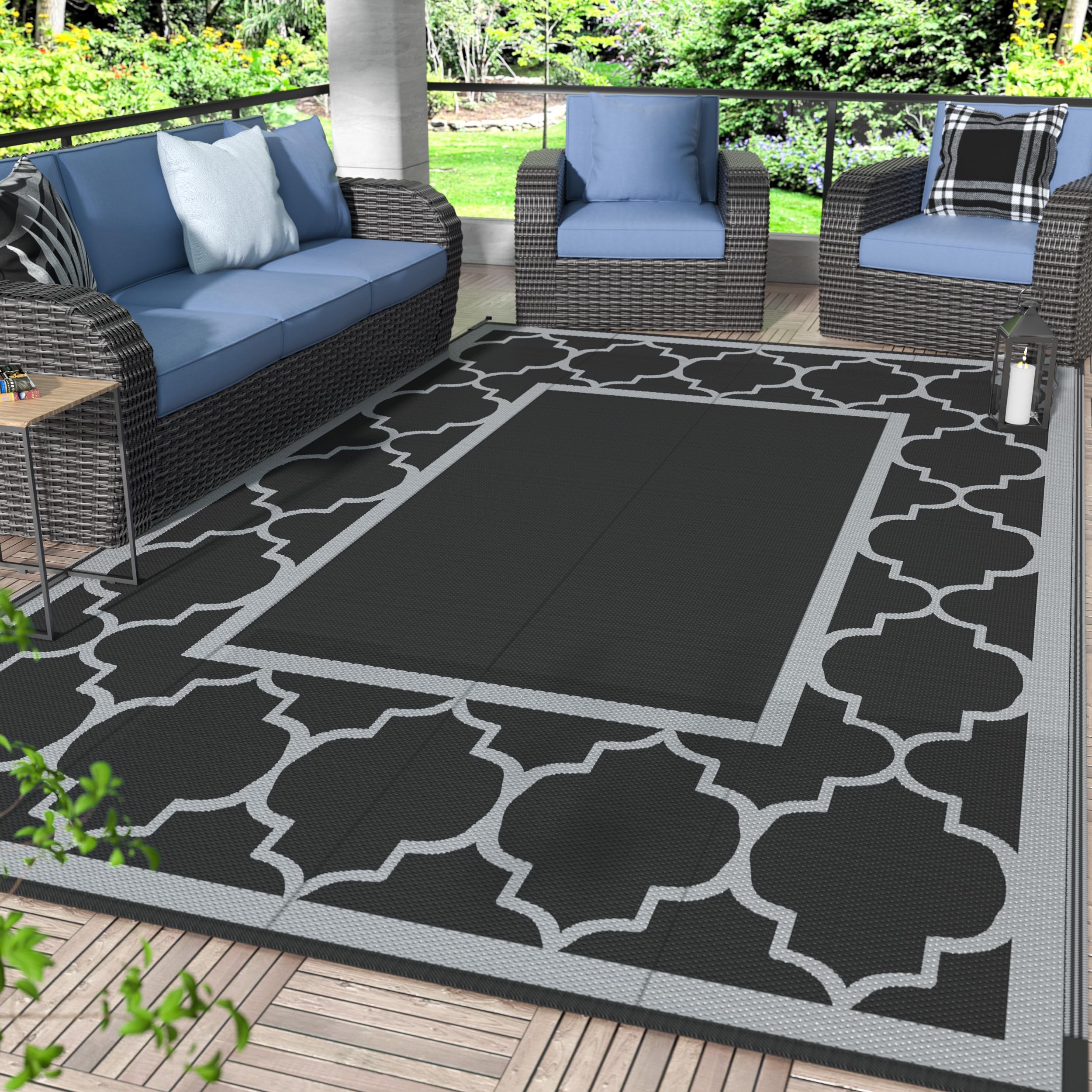 GENIMO 5' x 8' Outdoor Rug Waterproof for Patio Decor, Foldable Reversible Plastic Straw Area Rugs Mat for Camper, Outside Carpet for Rv, Deck, Porch, Picnic, Beach, Balcony, Blue & White