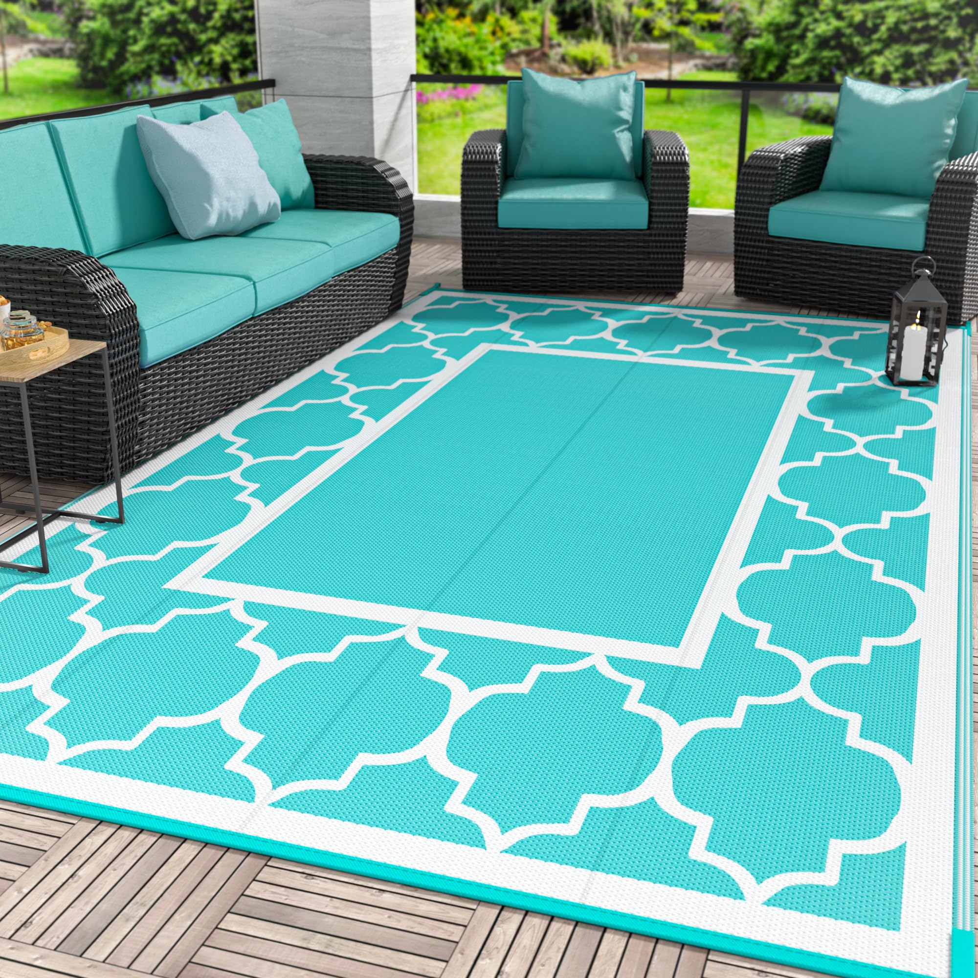 GENIMO 5' x 8' Outdoor Rug Waterproof for Patio Decor, Foldable Reversible Plastic Straw Area Rugs Mat for Camper, Outside Carpet for Rv, Deck, Porch, Picnic, Beach, Balcony, Blue & White
