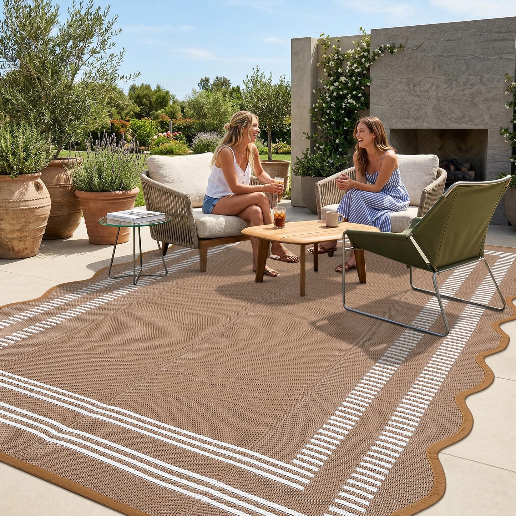 Garvee Waterproof Outdoor Rug 8x10, Scalloped Geometric Foldable Plastic Straw Patio Camping Rug, Outdoor RV Carpet for Deck Camper Porch Balcony Backyard Picnic Beach Black and White