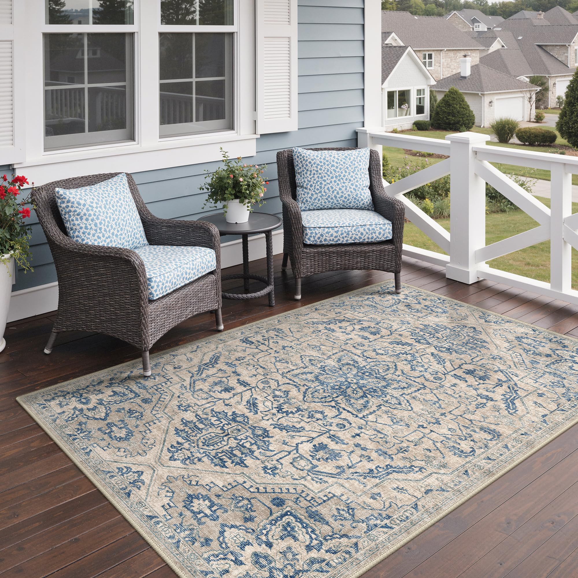 GENIMO Outdoor & Indoor Area Rug 5'x8', Waterproof, Non-Shedding, Easy Cleaning, Boho Mat for Patio, Living Room, Balcony, Dining Room, RV, Deck, Bedroom, Camping, Outside Carpet,Blue
