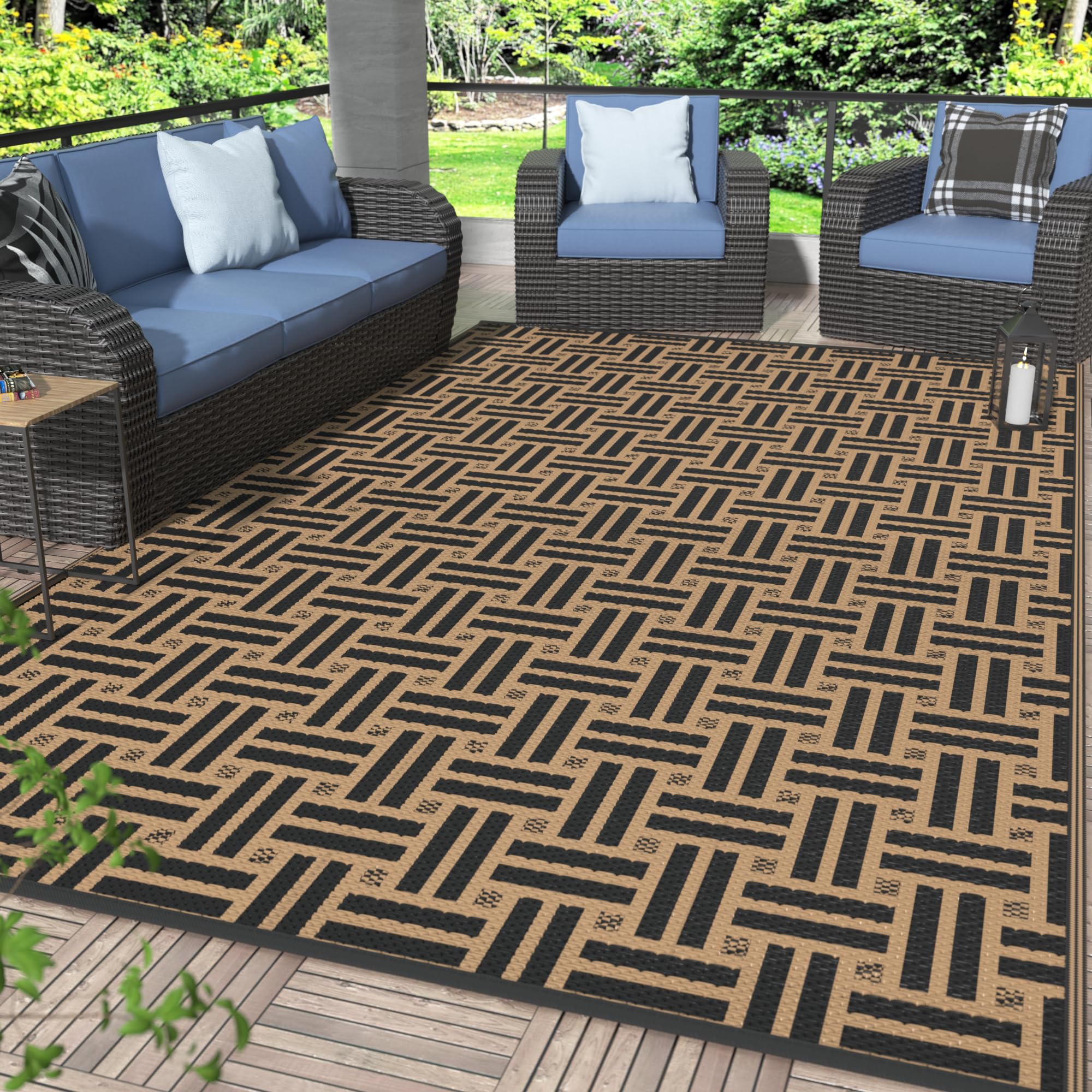 GENIMO 5x8 Outdoor Rug Waterproof, Reversible Mats, Area Rug, Plastic Outside Carpet, Geometric Rv Mat for Patio Camping Rv Picnic Backyard Deck Balcony Porch Beach Trailer (Black & Beige)