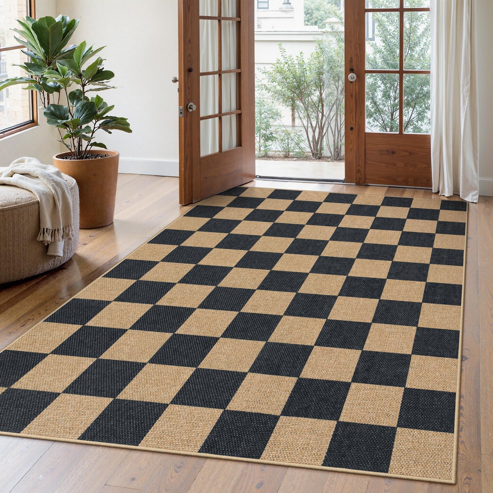 Lahome Colette Checkered Easy Jute 3x5 Outdoor Patio Rug, Washable Rugs for Entryway Diamond Indoor Outdoor Living Room Carpet, Farmhouse Neutral Non Slip Black Door Carpet for Backyard Bedroom