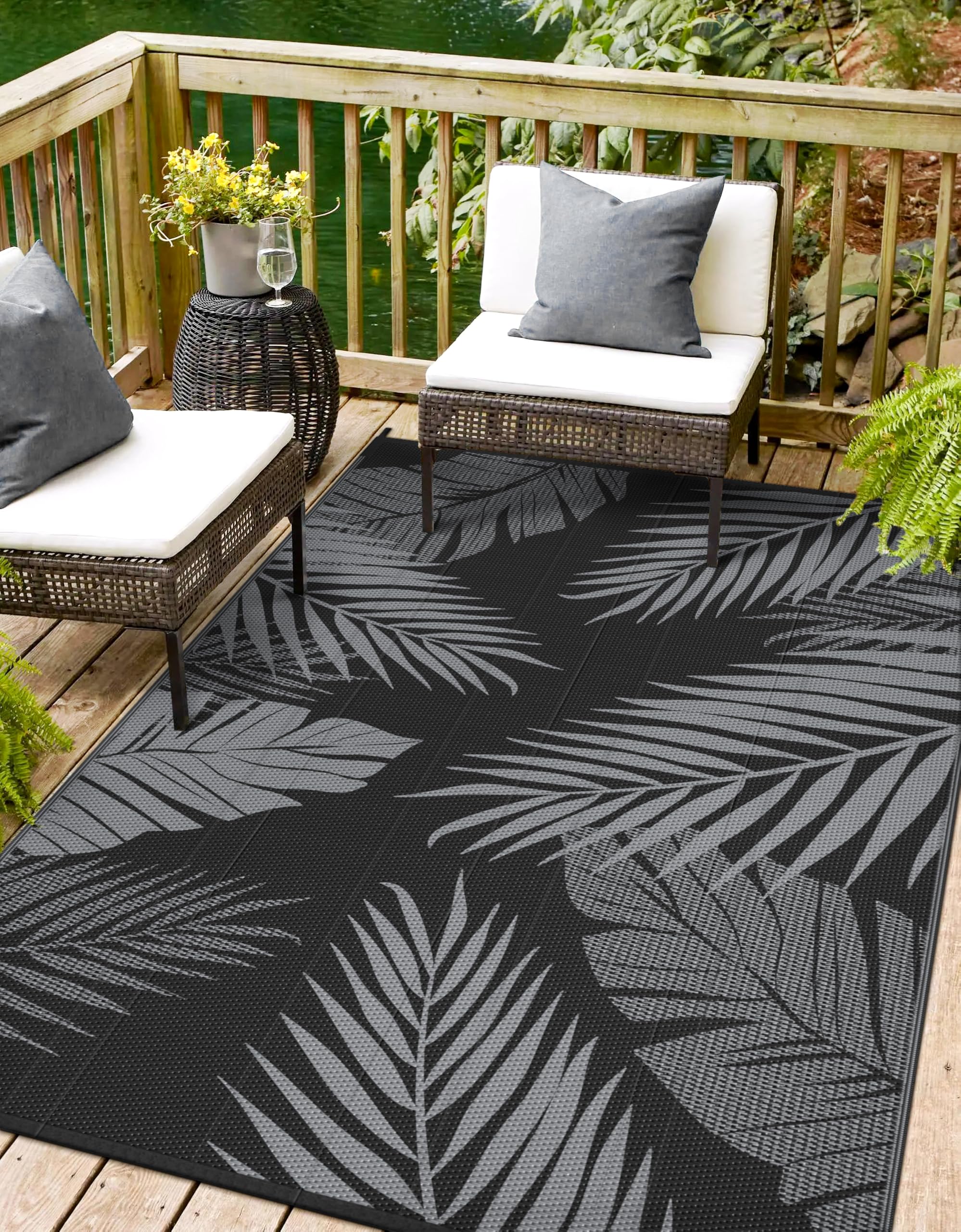 sarben Outdoor Rug 4’x6’ Waterproof for Patio Clearance, Reversible Indoor Outdoor Plastic Straw Camping Rug Carpet, RV Mat, Large Area Rug for Deck, Backyard, Balcony, Porch, Beach, Black & Brown