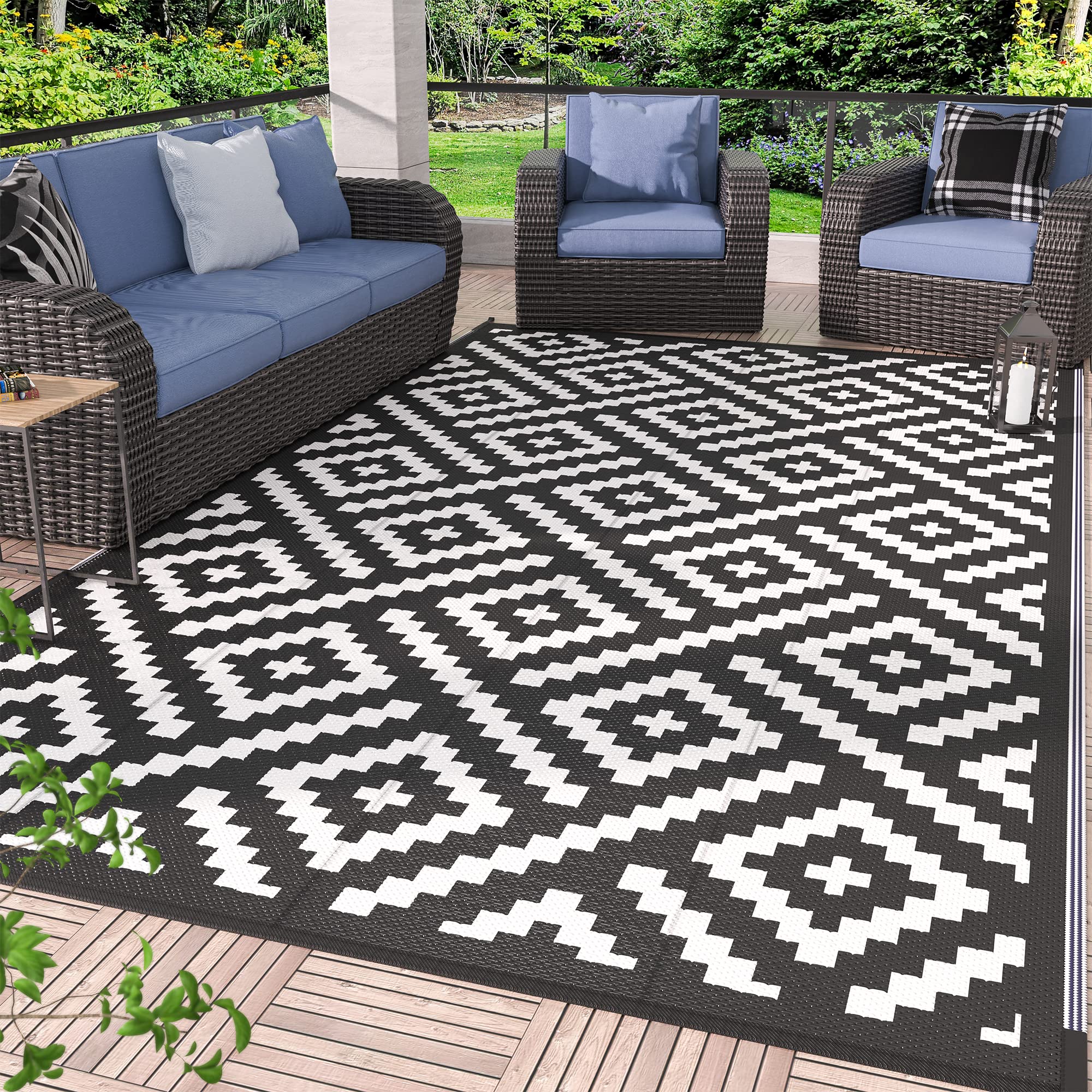 GENIMO 5x8 Outdoor Rug Waterproof, Reversible Mats, Area Rug, Plastic Outside Carpet, Geometric Rv Mat for Patio Camping Rv Picnic Backyard Deck Balcony Porch Beach Trailer (Black & Beige)