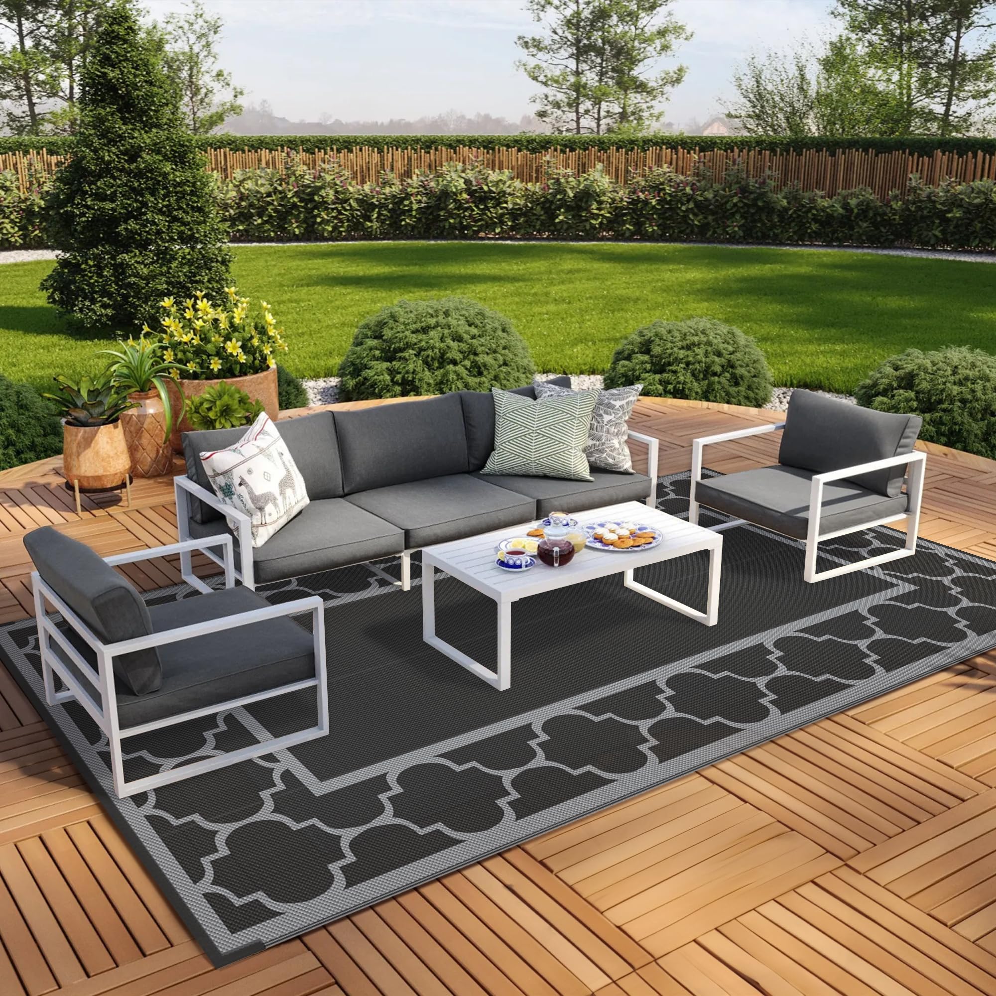 GENIMO 5' x 8' Outdoor Rug Waterproof for Patio Decor, Foldable Reversible Plastic Straw Area Rugs Mat for Camper, Outside Carpet for Rv, Deck, Porch, Picnic, Beach, Balcony, Blue & White