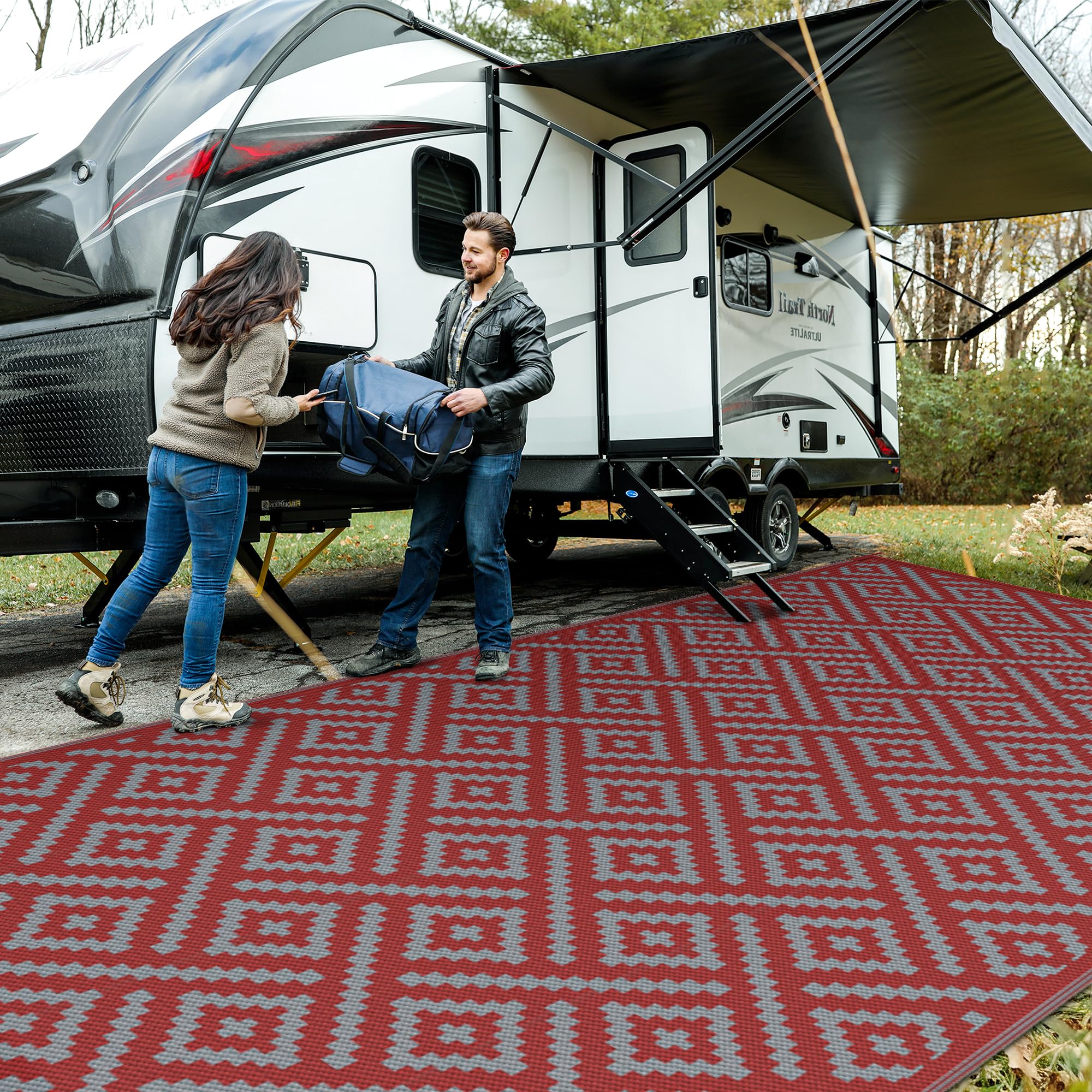 GENIMO 5x8 Outdoor Rug Waterproof, Reversible Mats, Area Rug, Plastic Outside Carpet, Geometric Rv Mat for Patio Camping Rv Picnic Backyard Deck Balcony Porch Beach Trailer (Black & Beige)