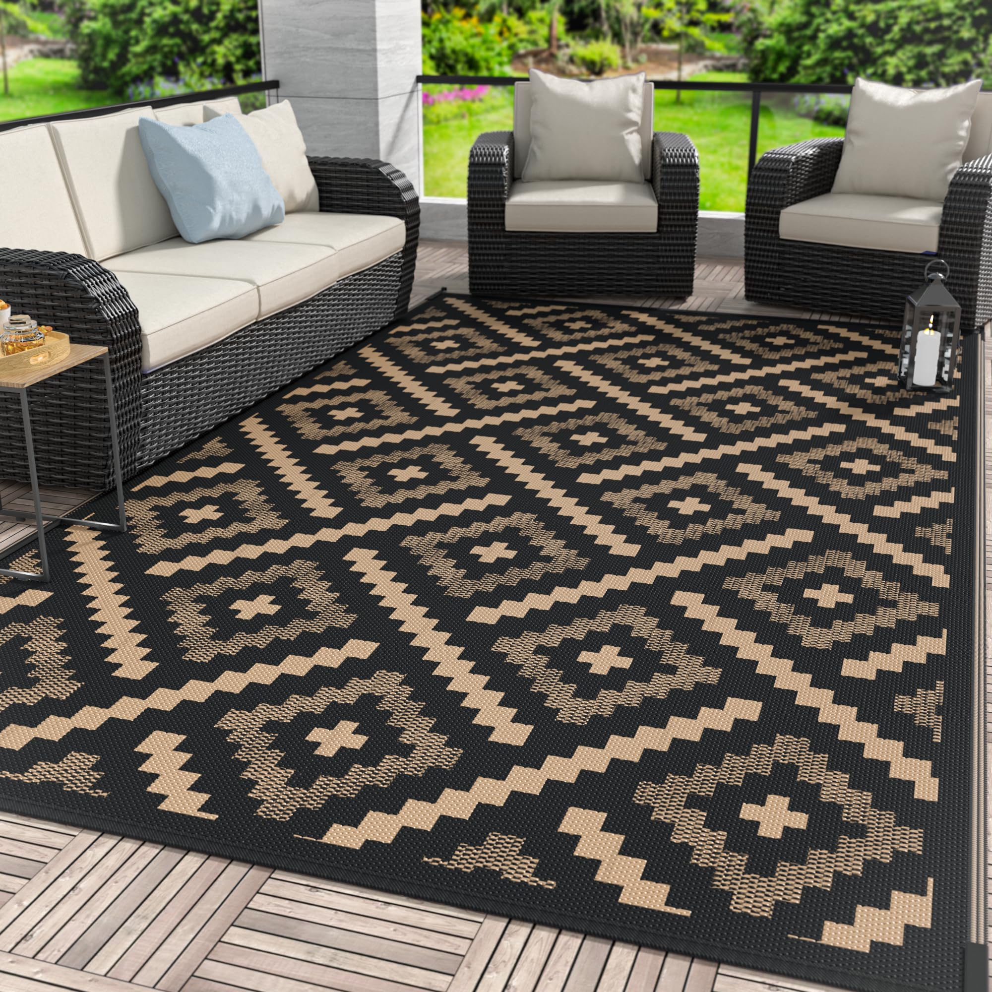 GENIMO 5x8 Outdoor Rug Waterproof, Reversible Mats, Area Rug, Plastic Outside Carpet, Geometric Rv Mat for Patio Camping Rv Picnic Backyard Deck Balcony Porch Beach Trailer (Black & Beige)