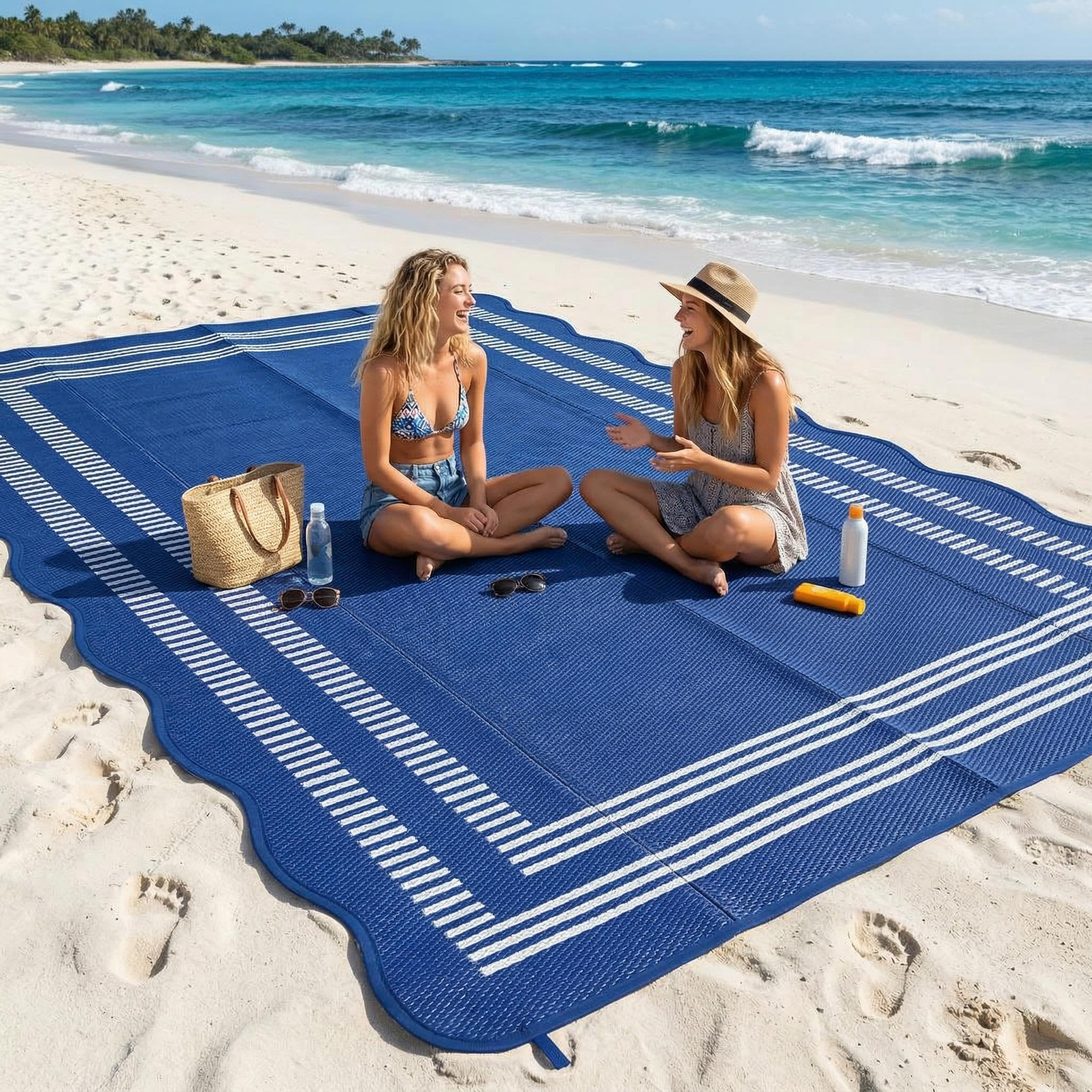 Garvee Waterproof Outdoor Rug 8x10, Scalloped Geometric Foldable Plastic Straw Patio Camping Rug, Outdoor RV Carpet for Deck Camper Porch Balcony Backyard Picnic Beach Black and White