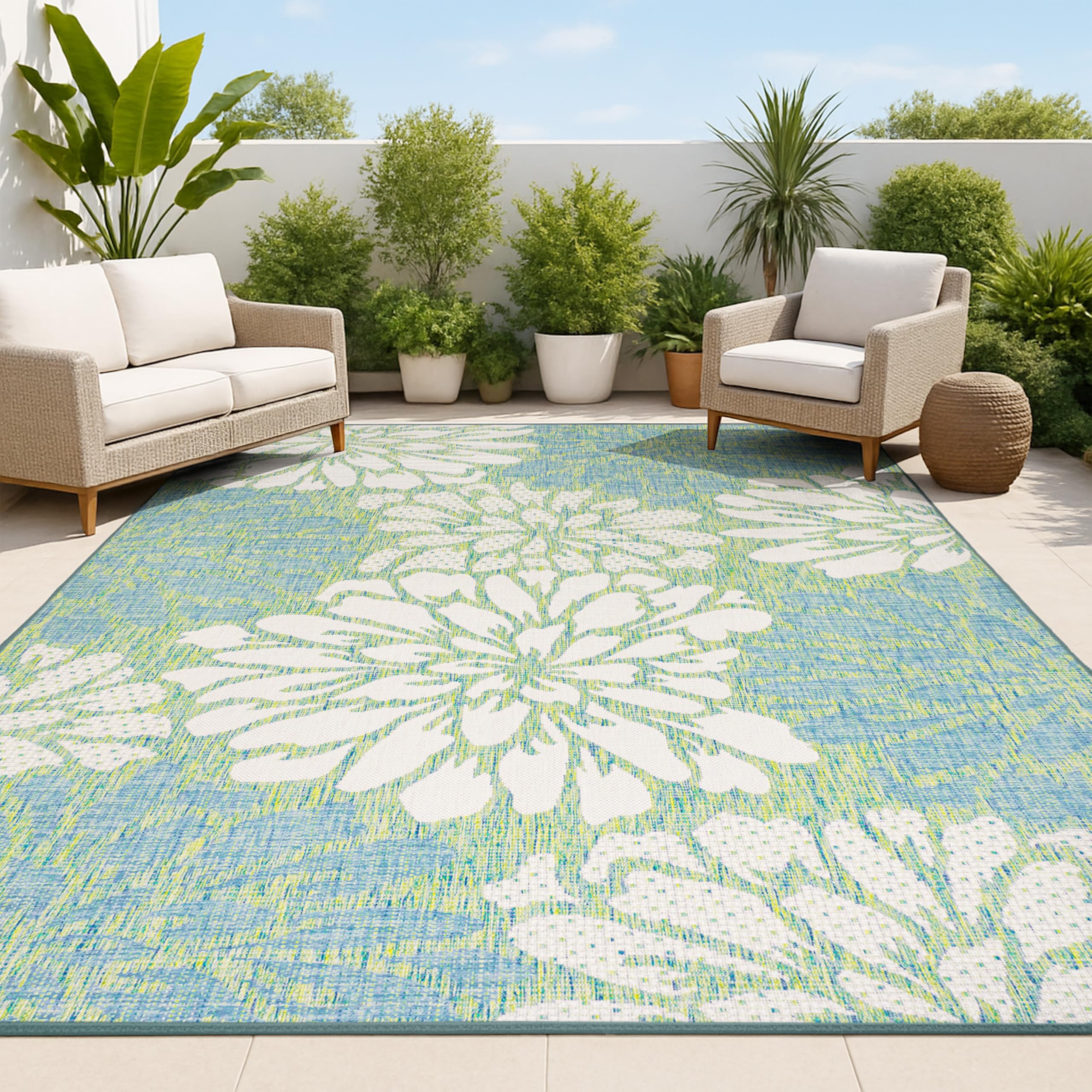 JONATHAN Y Floral Textured Weave Indoor Outdoor Area Rug 4X6 Navy/Aqua, Zinnia Modern for Backyard, Patio, Porch, Easy-Cleaning, High Traffic, Pet-Friendly, Non-Shedding (SMB110C-4)