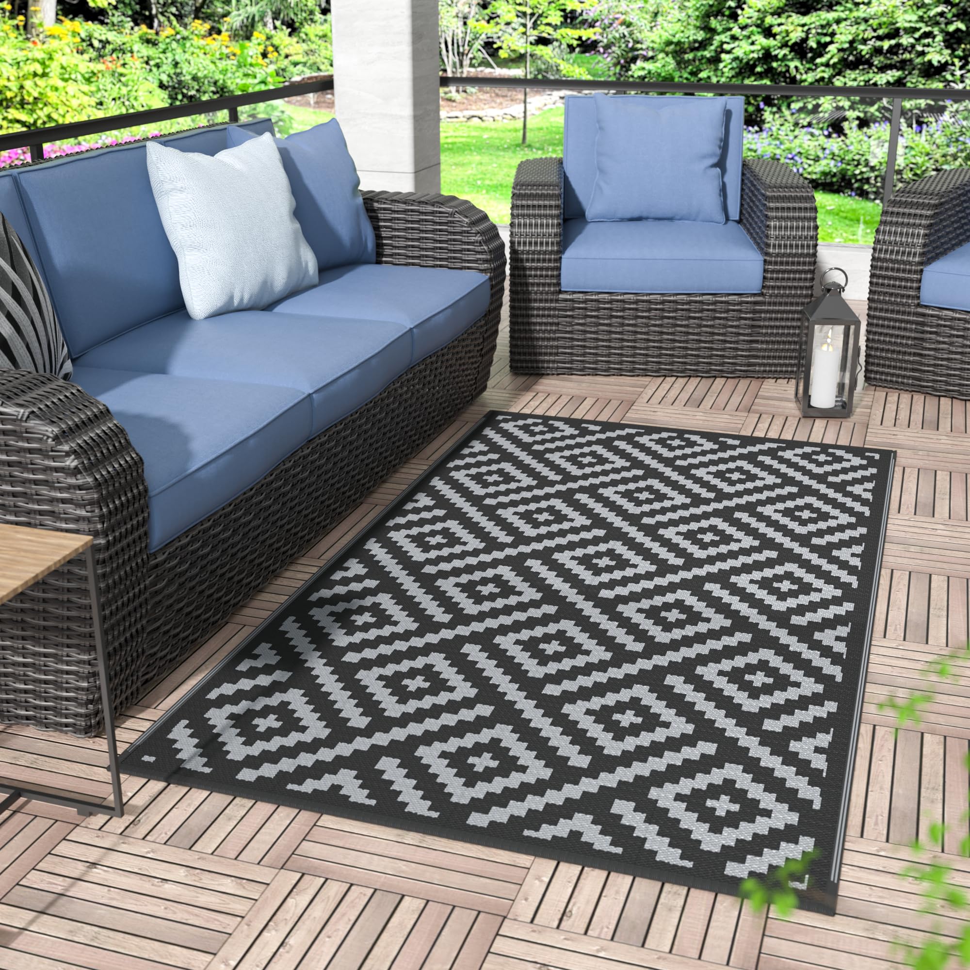 GENIMO 5x8 Outdoor Rug Waterproof, Reversible Mats, Area Rug, Plastic Outside Carpet, Geometric Rv Mat for Patio Camping Rv Picnic Backyard Deck Balcony Porch Beach Trailer (Black & Beige)
