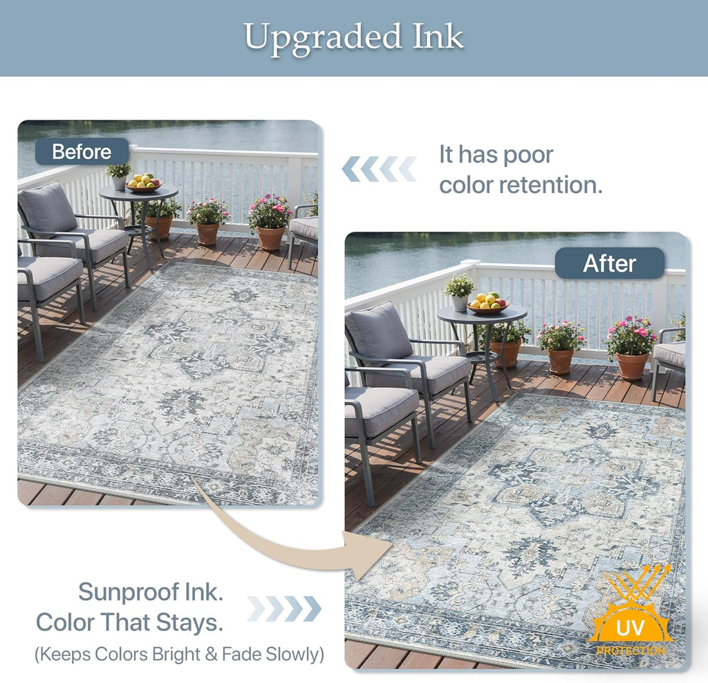 GENIMO Outdoor & Indoor Area Rug 5'x8', Waterproof, Non-Shedding, Easy Cleaning, Boho Mat for Patio, Living Room, Balcony, Dining Room, RV, Deck, Bedroom, Camping, Outside Carpet,Blue