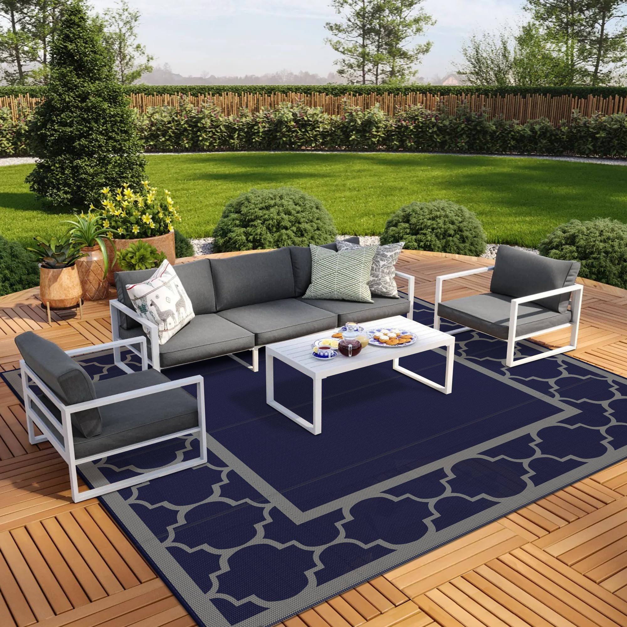 GENIMO 5' x 8' Outdoor Rug Waterproof for Patio Decor, Foldable Reversible Plastic Straw Area Rugs Mat for Camper, Outside Carpet for Rv, Deck, Porch, Picnic, Beach, Balcony, Blue & White