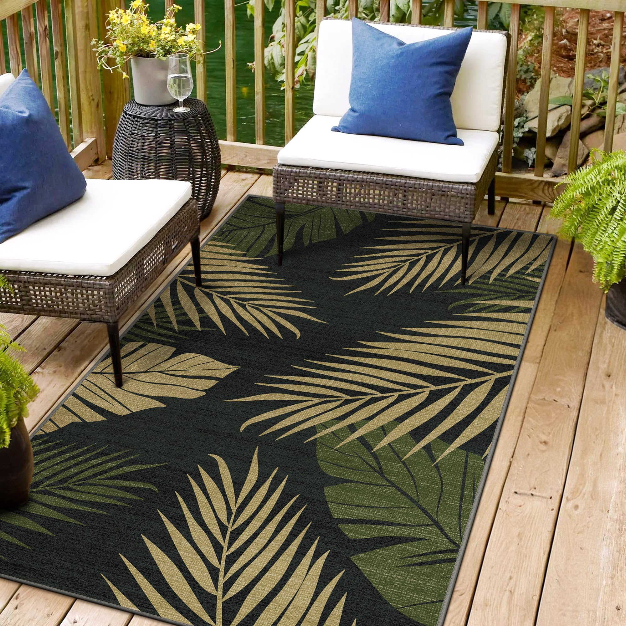 sarben Outdoor Rug 4’x6’ Waterproof for Patio Clearance, Reversible Indoor Outdoor Plastic Straw Camping Rug Carpet, RV Mat, Large Area Rug for Deck, Backyard, Balcony, Porch, Beach, Black & Brown