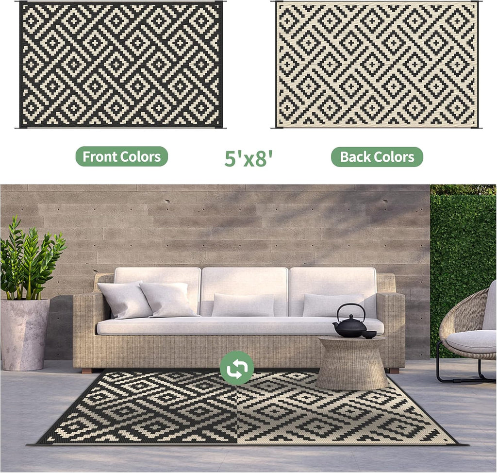 GENIMO 5x8 Outdoor Rug Waterproof, Reversible Mats, Area Rug, Plastic Outside Carpet, Geometric Rv Mat for Patio Camping Rv Picnic Backyard Deck Balcony Porch Beach Trailer (Black & Beige)