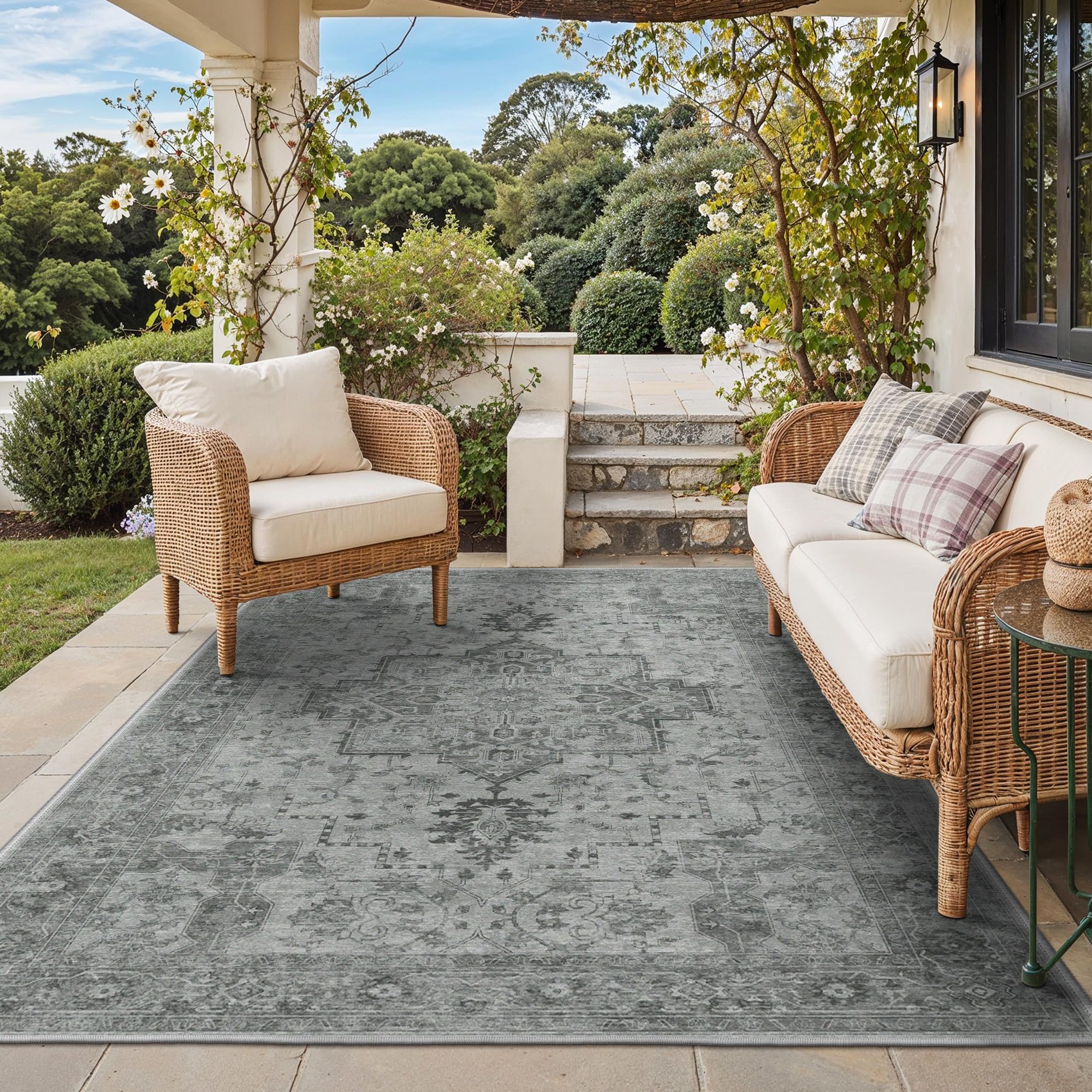 GENIMO Outdoor & Indoor Area Rug 5'x8', Waterproof, Non-Shedding, Easy Cleaning, Boho Mat for Patio, Living Room, Balcony, Dining Room, RV, Deck, Bedroom, Camping, Outside Carpet,Blue
