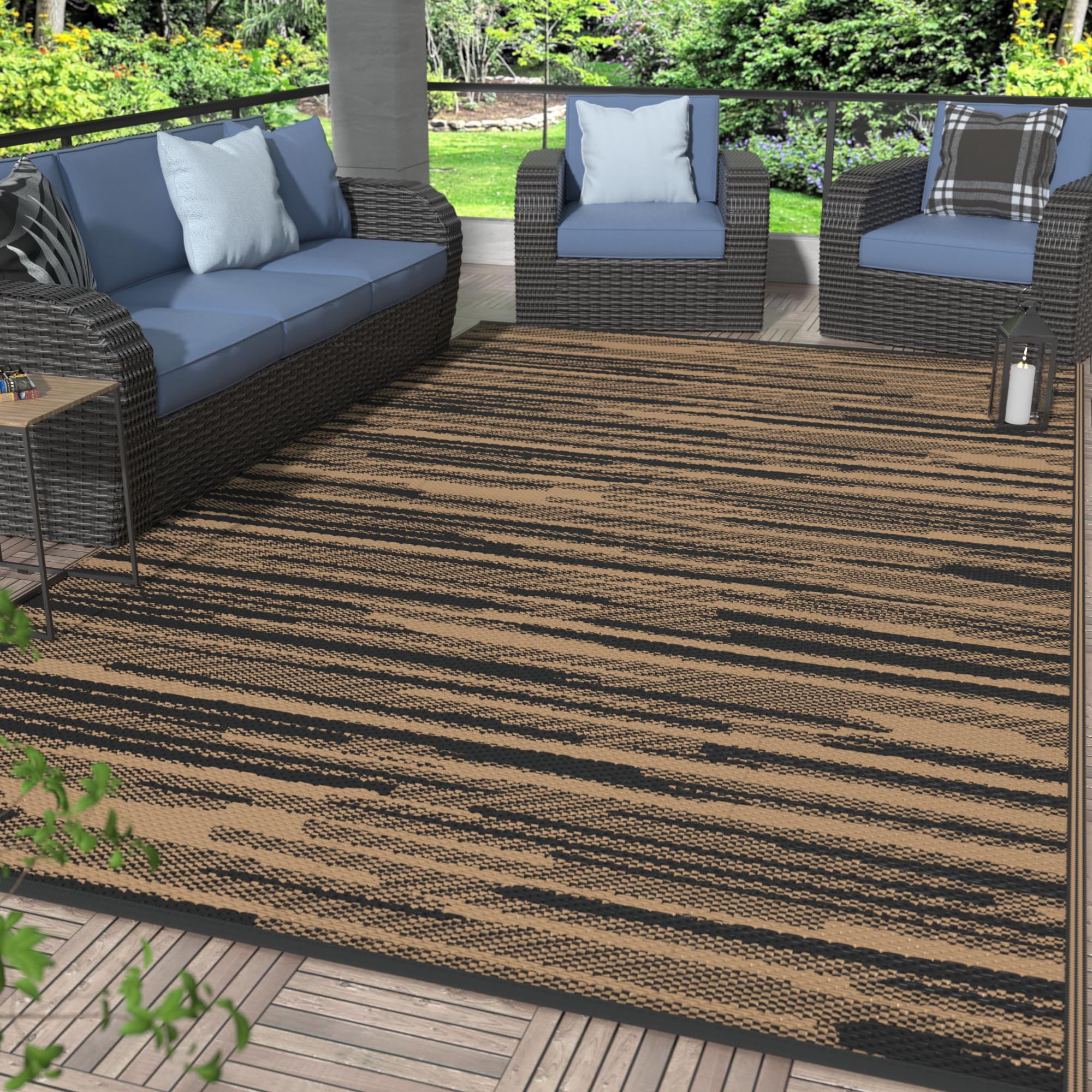 GENIMO 5x8 Outdoor Rug Waterproof, Reversible Mats, Area Rug, Plastic Outside Carpet, Geometric Rv Mat for Patio Camping Rv Picnic Backyard Deck Balcony Porch Beach Trailer (Black & Beige)