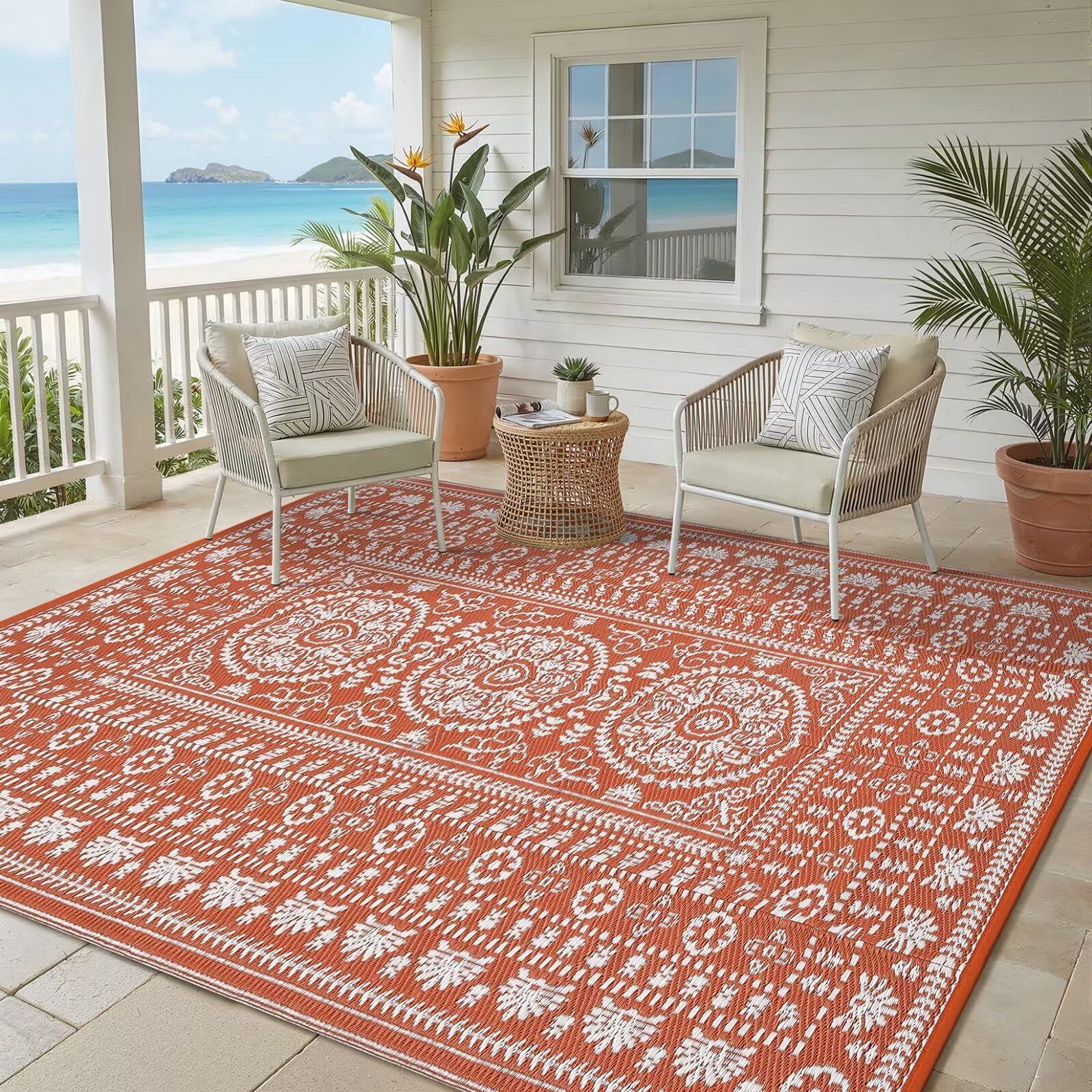 Garvee Reversible Outdoor Rug 8x10 for Patio, Waterproof Outdoor Area Rug, Modern Medallion Indoor Outdoor Rugs, Plastic Straw Rug for RV, Camping, Deck, Vintage Terracotta