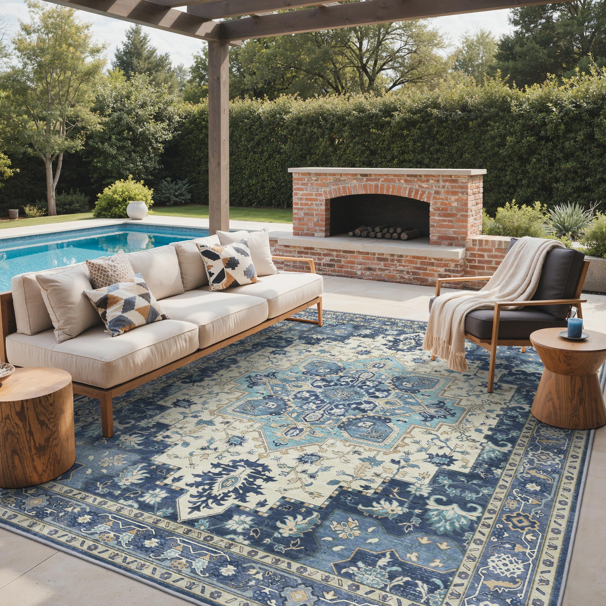 GENIMO Outdoor & Indoor Area Rug 5'x8', Waterproof, Non-Shedding, Easy Cleaning, Boho Mat for Patio, Living Room, Balcony, Dining Room, RV, Deck, Bedroom, Camping, Outside Carpet,Blue