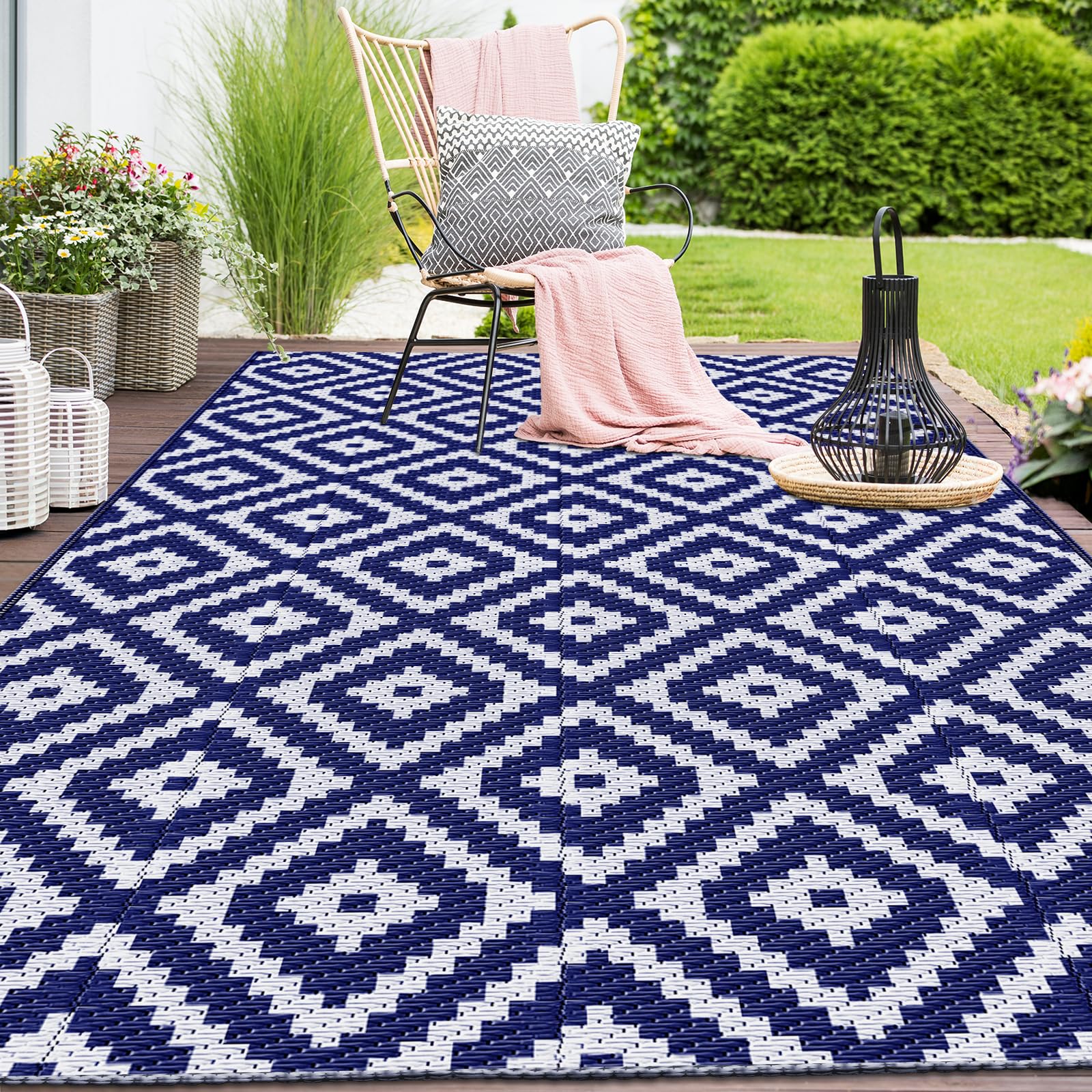 Mattitude Waterproof Outdoor Rug 5x8 Ft Outdoor Plastic Straw Rug Reversible Patio Rug Large Outdoor Carpet Area Rug for Patio Backyard Picnic Beach Camping RV Black & Beige