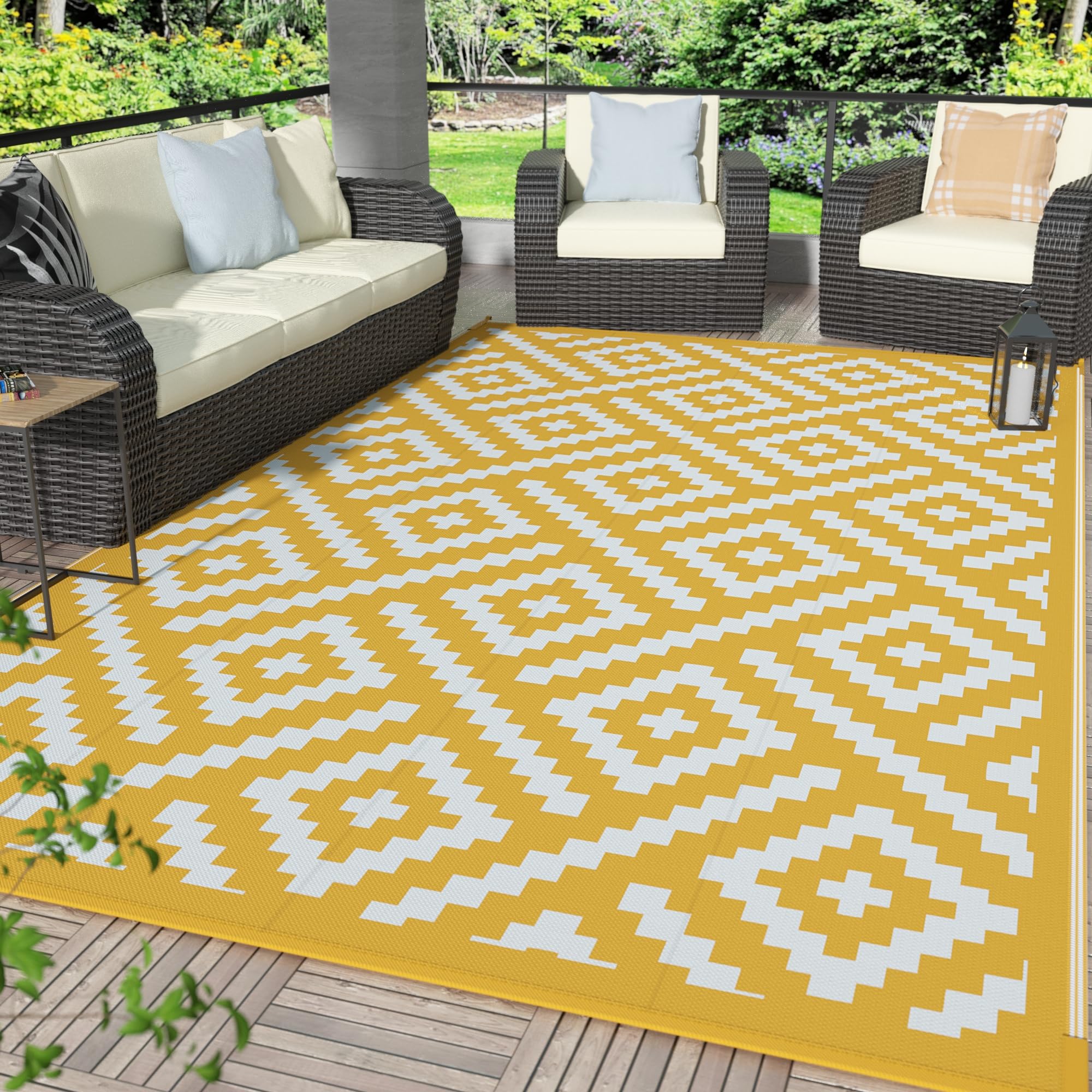 GENIMO 5x8 Outdoor Rug Waterproof, Reversible Mats, Area Rug, Plastic Outside Carpet, Geometric Rv Mat for Patio Camping Rv Picnic Backyard Deck Balcony Porch Beach Trailer (Black & Beige)