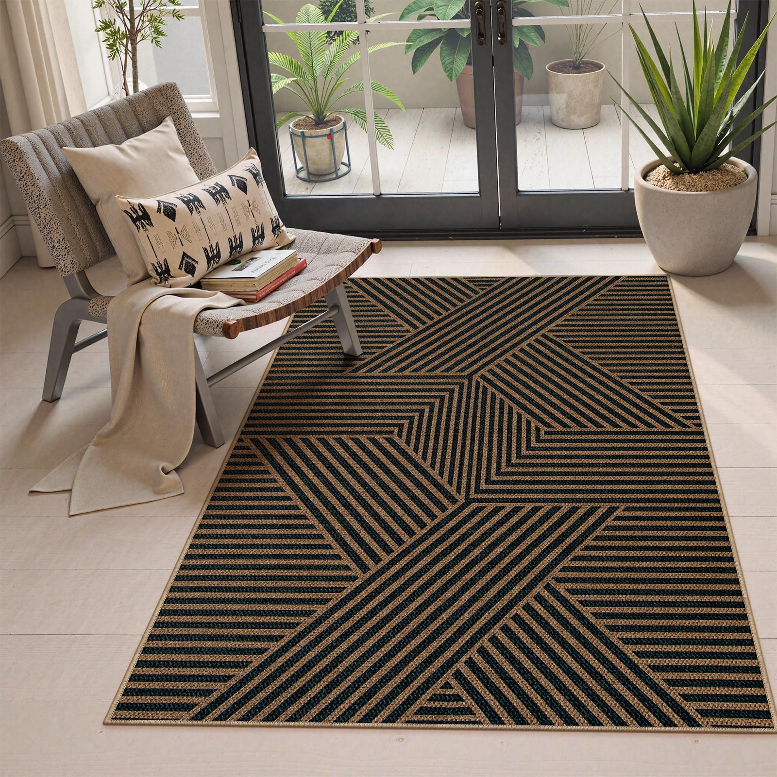 Lahome Enfys Modern Rainbow Easy Jute Outdoor Patio Rug, 3x5 Black Washable Rugs for Entryway Office Farmhouse Classroom Carpet, Contemporary Non Slip Front Door Mat for Porch Guestroom Room Decor